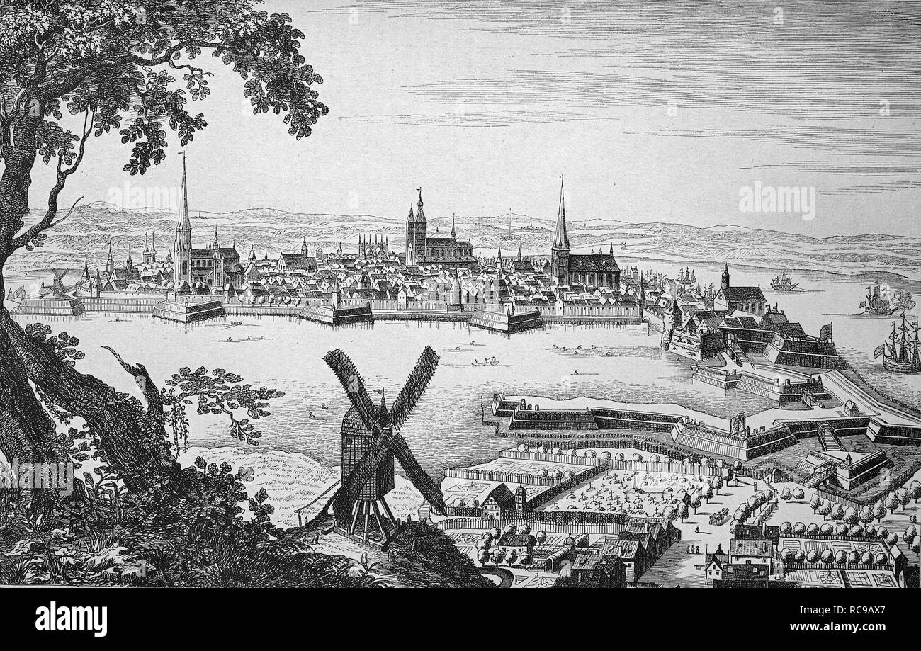 Stadt Stralsund während des Dreißigjährigen Krieges, Mecklenburg-Western Pomerania, Deutschland, historische Holzstich, ca. 1880 Stockfoto