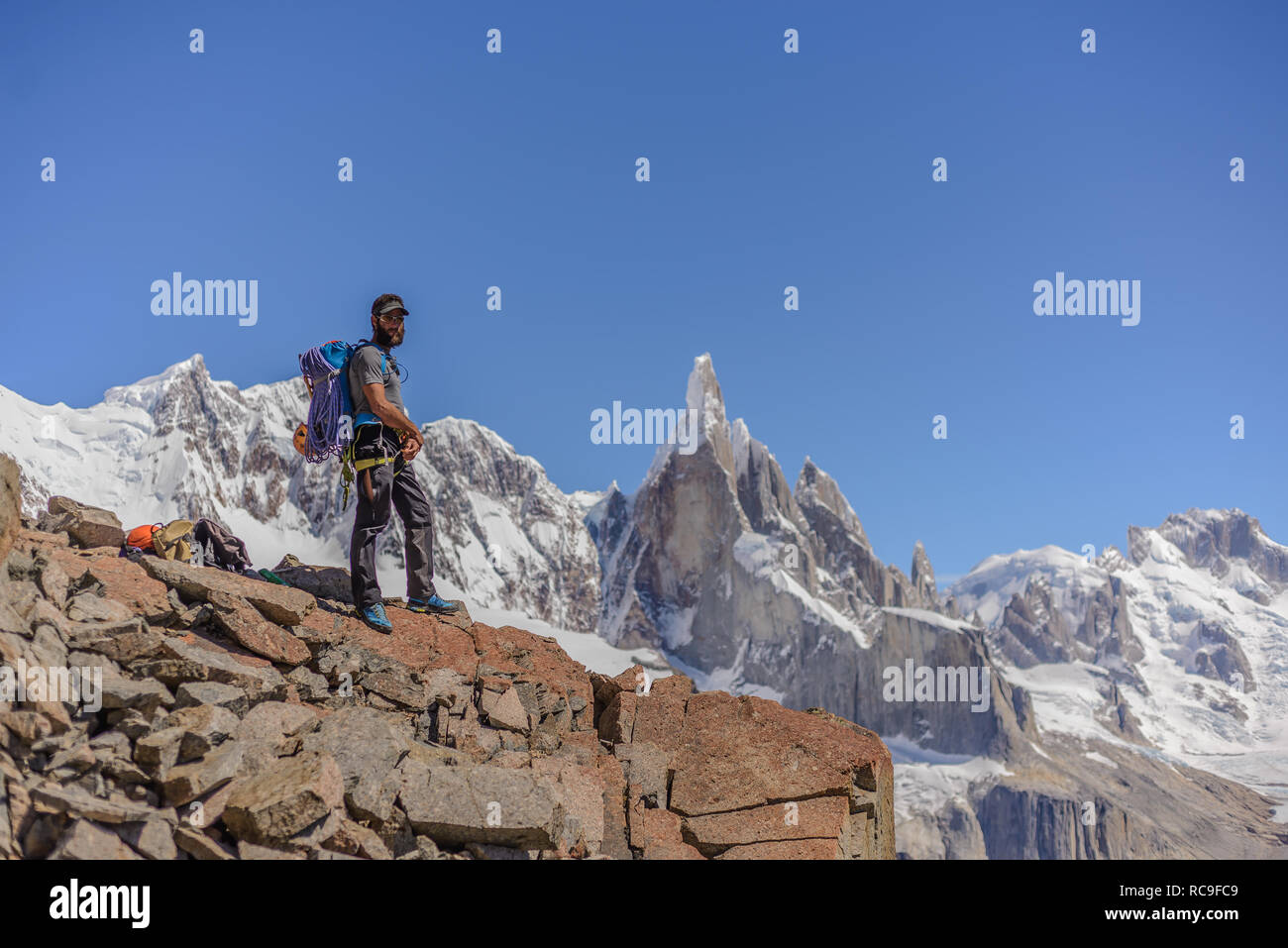 Klettern in El Chaltén, Süden Patagonien, Argentinien Stockfoto