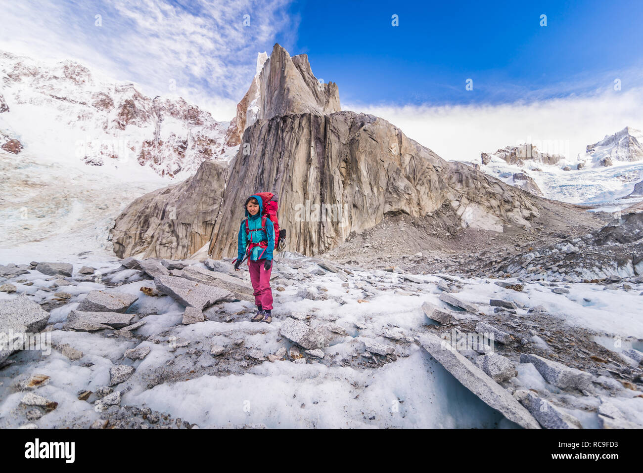 Klettern in El Chaltén, Süden Patagonien, Argentinien Stockfoto