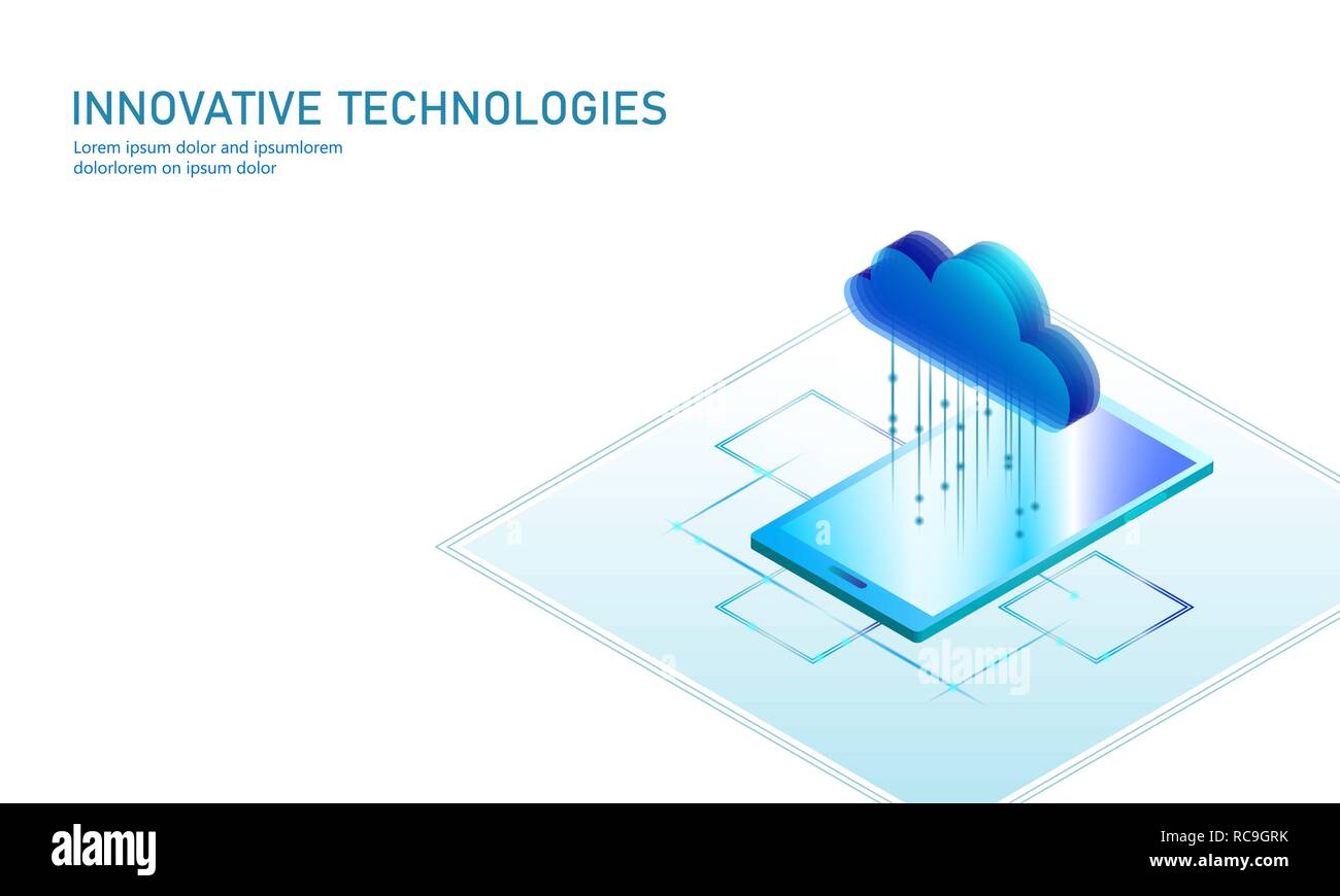 Cloud Computing online Storage isometrische Smartphone. Grosse Daten Informationen Zukunft moderne Internet Business Technology. Blau leuchtende Global File Exchange verfügbar Hintergrund Vector Illustration Stock Vektor