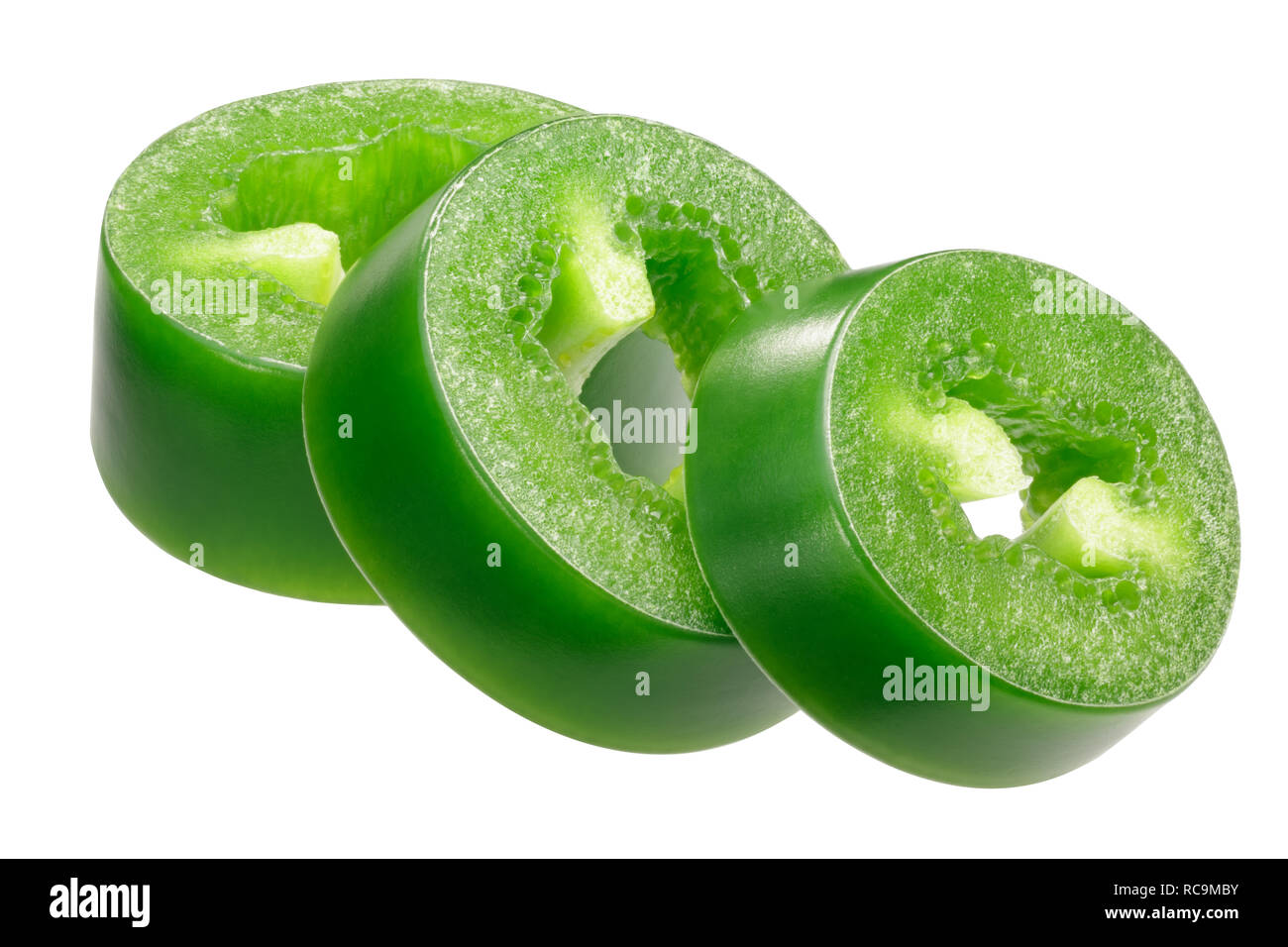 Chile jalapeno Pfeffer (Capsicum annuum Obst), gehackt Pod oder Scheiben Stockfoto