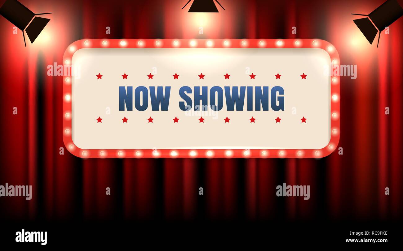 Theater oder Kino Rahmen mit Glühlampen auf roten Vorhang mit Scheinwerfer und Wortlaut jetzt angezeigt. Vector Illustration. Stock Vektor