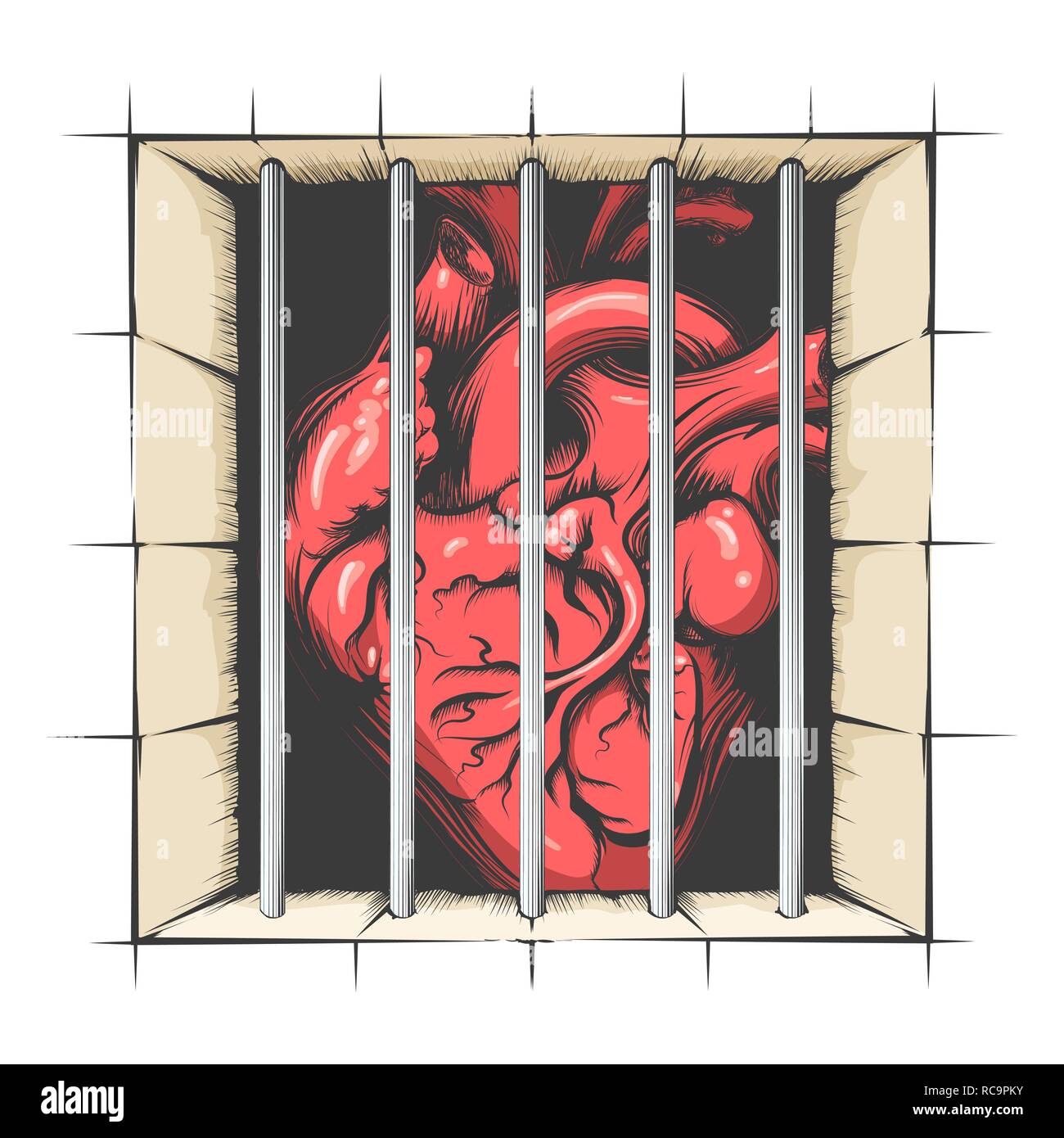 Herz im Gefängnis in Tattoo Stil gezeichnet. Vector Illustration Stock Vektor