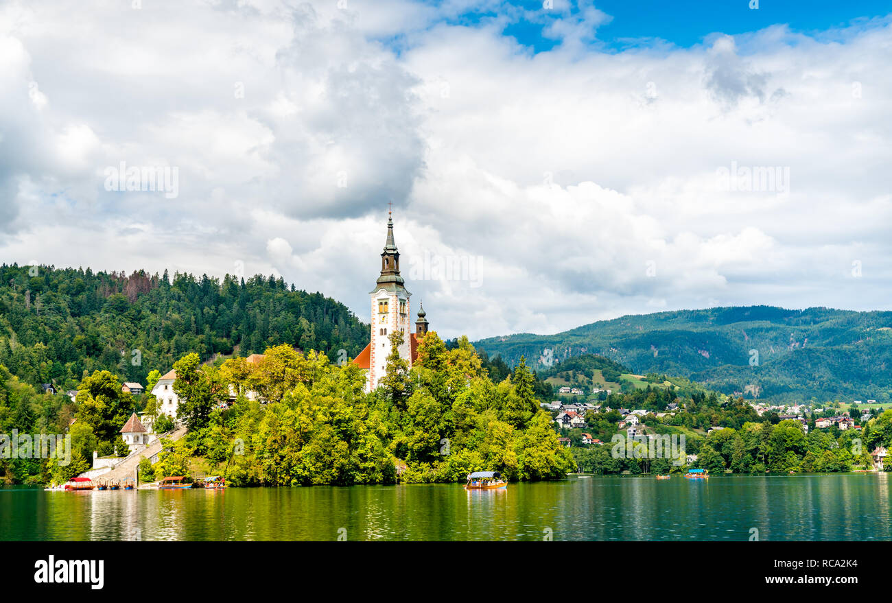 Kirche der Himmelfahrt der Maria auf der Insel Bled in Slowenien Stockfoto