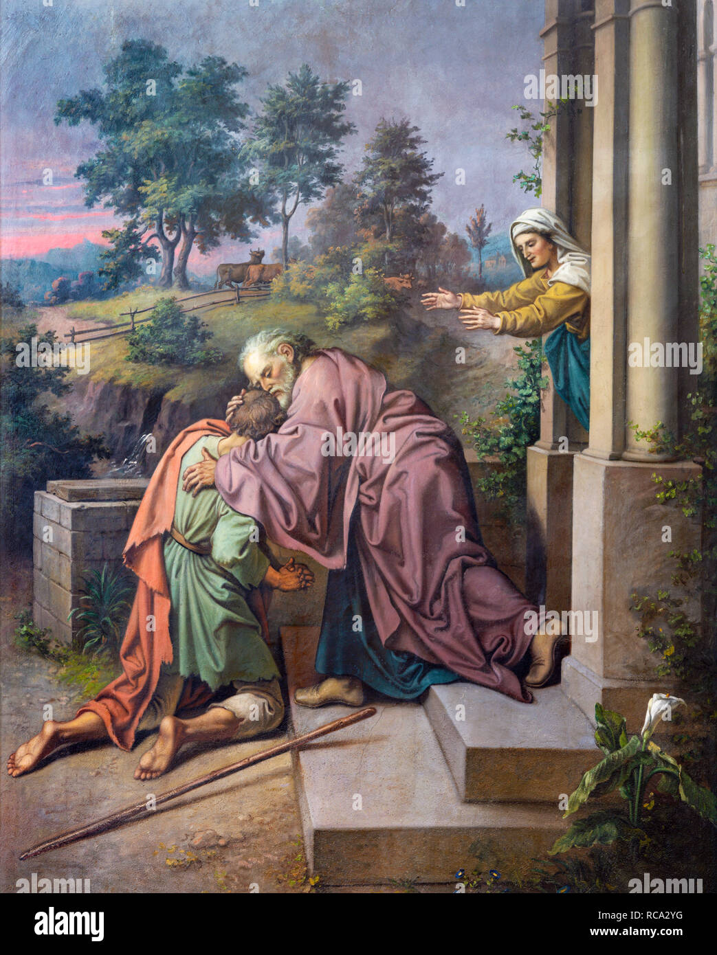 Prag, tschechische Republik - 18. Oktober 2018: Das Fresko von Szene Comeback der verlorene Sohn in der Kirche von St. Ignace von Jan-Fachschaft (1875). Stockfoto