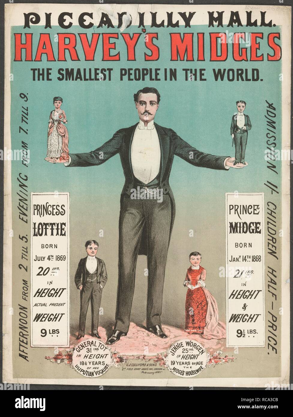 Harvey's Mücken. Eine Sammlung von Broschüren, Handzettel, und miscella. London, 1884. Ein Plakat für eine Show im Piccadilly Hall, London, berechnet als: Harvey's Mücken, die kleinsten Menschen der Welt. Prinzessin Lottie, geboren am 4.Juli 1869. 20 ins in Höhe, Gewicht 9 lbs Prinz Midge, geboren am 14. Januar 1868. 21 ins in Höhe und Gewicht 9 1/2 lbs Details zwei weitere Personen werden als Allgemeine Tot, 31 Add-Ins in der Höhe, 18 1/2 Jahre alt, Liliputian Sänger und Jennie Worgen, 25 Add-Ins in der Höhe, 19 Jahre alt, Hausfrau der Midge gegeben. Bild aus einer Sammlung von Broschüren, Handzettel und miscella Stockfoto