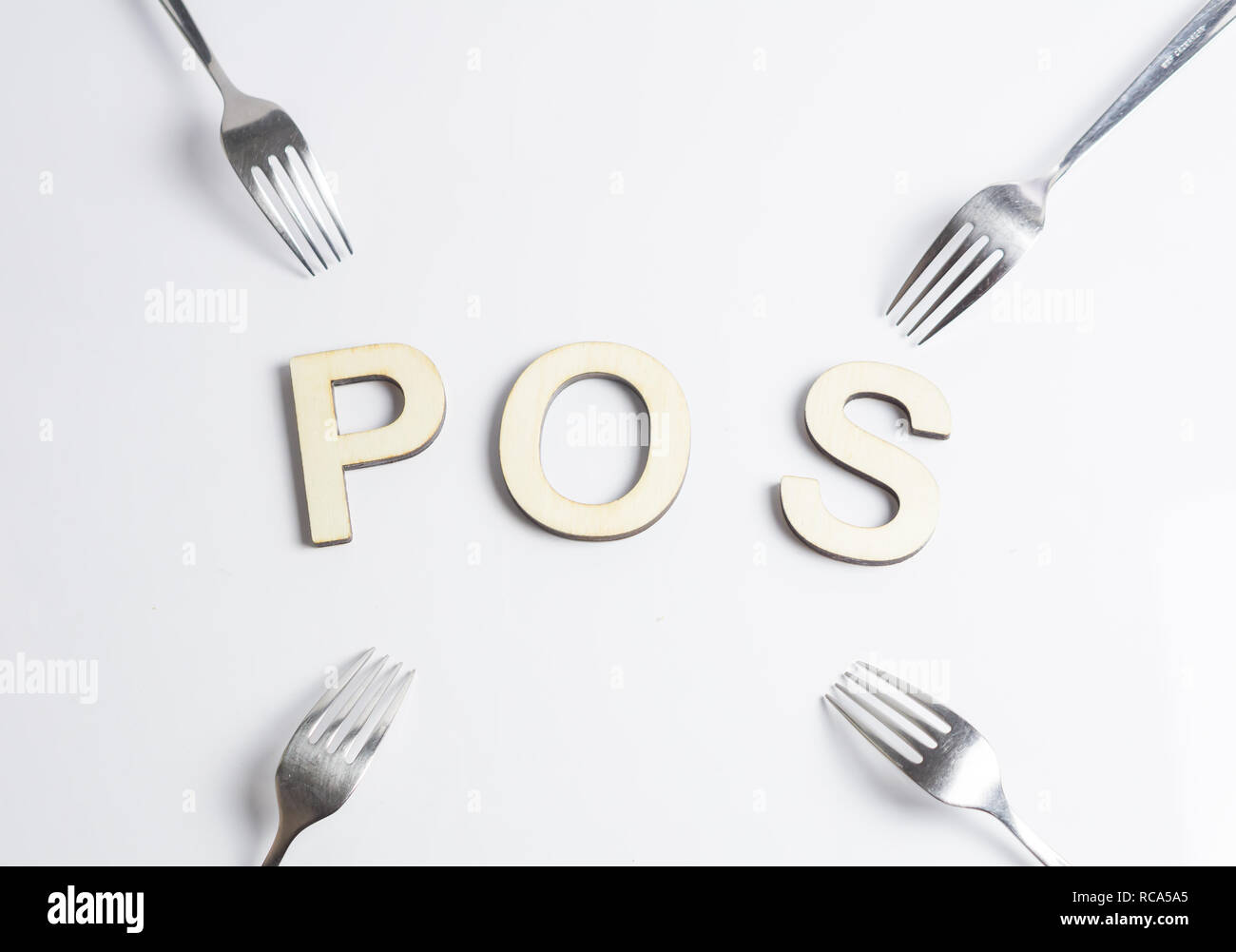 Des astraleums Cryptocurrency Umschalten von POW, GPU Bergbau zu POS-Konzept mit Gabeln um POS-Zeichen auf weißem Hintergrund Stockfoto