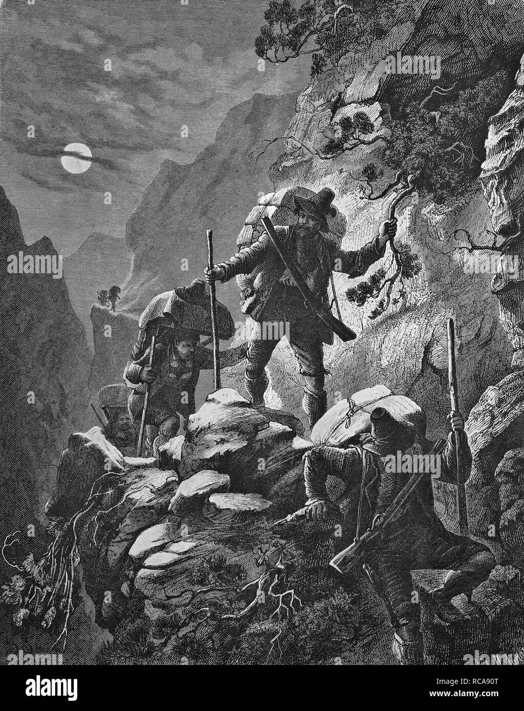 Nächtliche Schmuggler laufen in den Alpen, historische Gravuren, 1869 Stockfoto