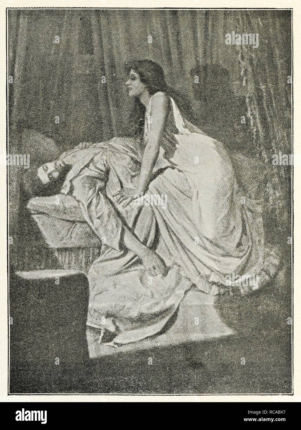 Eine Vervielfältigung Platte von einem Gemälde von Philip Burne-Jones. Hinweis: Die Qualität der Platte im Buch ist nicht von guter Qualität. Das Bild zeigt eine Frau Vampir über einen schlafenden Mann balanciert. Der Vampir. Ein Gedicht... Für ein Bild von Philip Burne-Jones in der Neuen Galerie in London, 1897 ausgestellt. [Mit einer Reproduktion des Bildes.]. [Washington: Woodward & Lothrop, 1898]. Quelle: Cup.402.a.30 Frontispiz Platte. Stockfoto