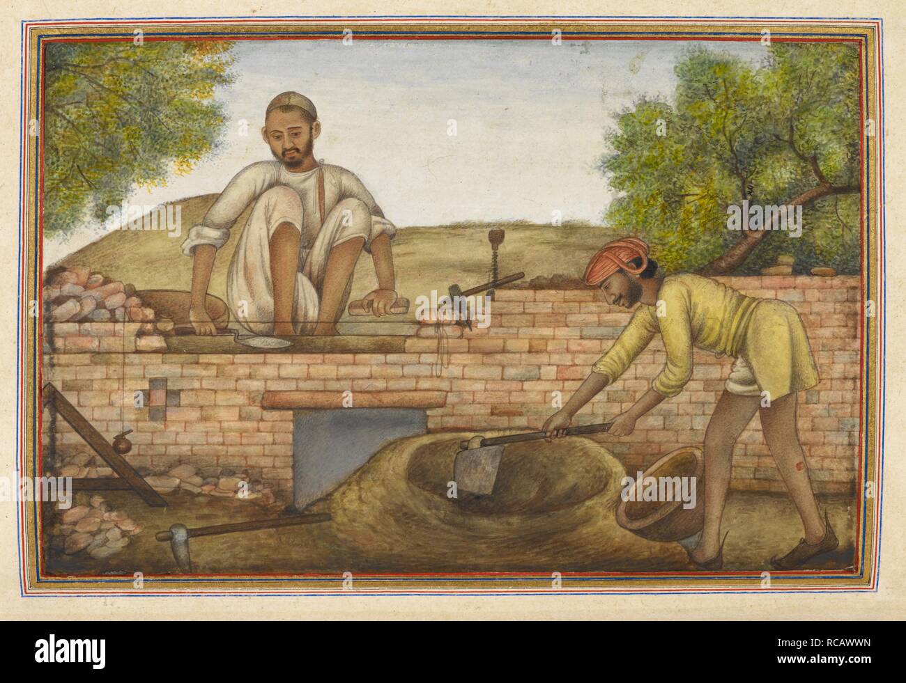 Â € "Rajâ €™, Maurer oder Maurer. Eine betriebliche Untergruppe der â € "Tarkhanâ €™ oder Tischler Kaste. Von einem Mann (â € "rajâ €™) den Bau der Mauer und anderen (â € "muzdurâ €™) mischen Mörtel vertreten. Tashrih al-aqvam, ein Konto von Herkunft und Berufe von einigen der Sekten, Kasten und Stämme von Indien. Bei Hansi Cantonment, Gurgaon Distrikt, 85 km nord-westlich von Delhi für Oberst James Skinner geschrieben. 1825. Ein Gemälde von einem Manuskript von Tashrih al-aqvam, ein Bericht über die Herkunft und Berufe von einigen der Sekten, Kasten und Stämme von Indien. Bild aus Tashrih al-aqvam. Herkunft Stockfoto