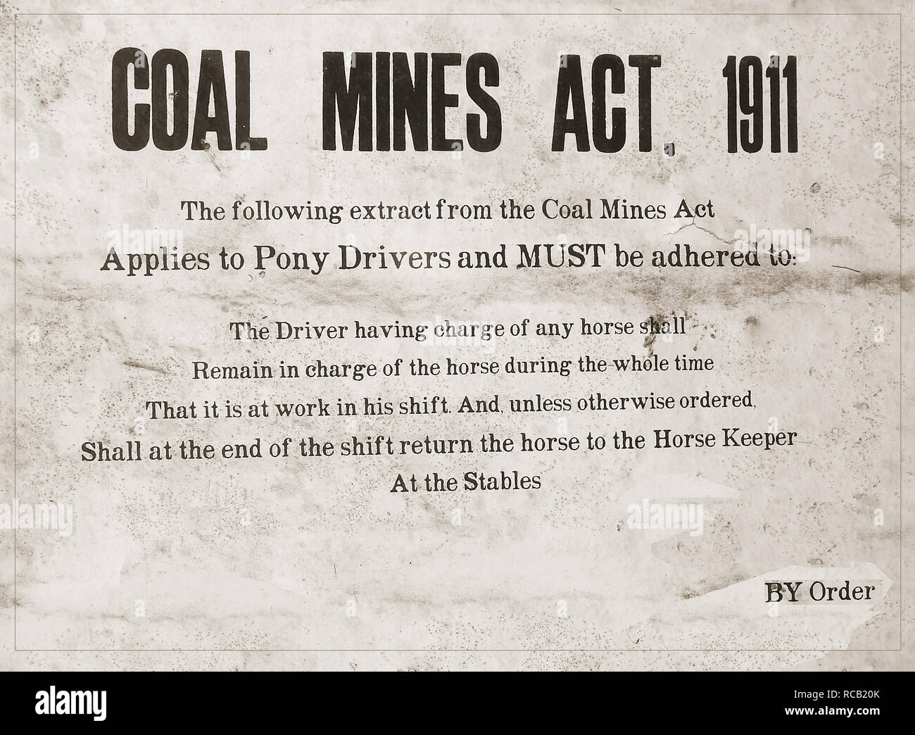 British Coal Mines Bekanntmachung 1911 - Pit pony Verordnungen Stockfoto