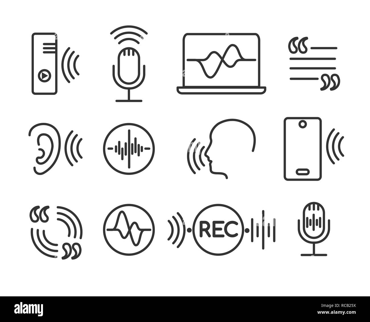 Spracherkennung Symbole. Telefon gespräch lineare Symbole, Sprache und Gehör Befehl Piktogramme. Sound Technologie vektor Zeichen Stock Vektor