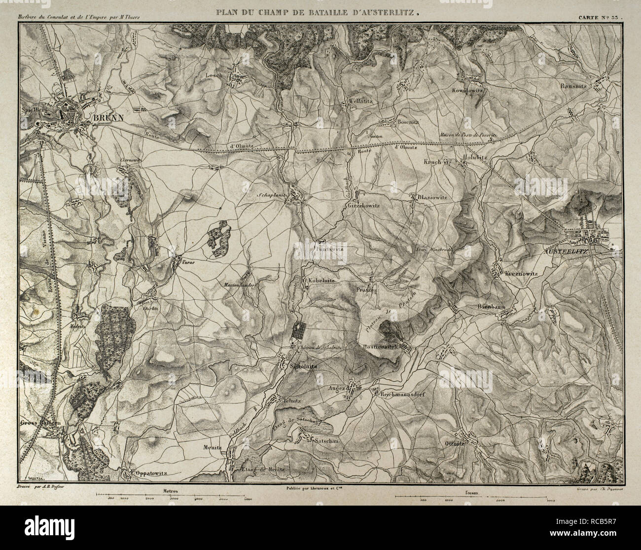 Napoleonischen Karte. Schlacht von Austerlitz oder Schlacht der drei Kaiser (2. Dezember 1805). Teil der Krieg der Dritte Koalition (Napoleonische Kriege). Französischen Sieg. Atlas de l'Histoire du Consulat et de l'Empire. Geschichte des Konsulats und des Empire von Frankreich unter Napoleon von Marie Joseph Louis Adolphe Thiers (1797-1877). Zeichnungen von Dufour, Stiche von Dyonnet. In Paris, 1864 bearbeitet werden. Stockfoto