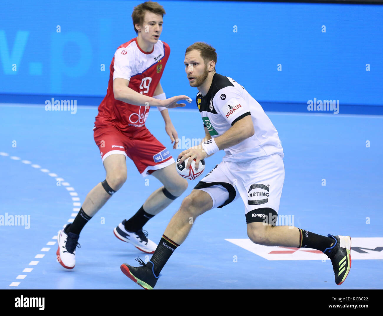 Berlin, Deutschland. 14 Jan, 2019. Handball IHF Men's World Championship: Russland/Deutschland. Das Recht Deutschlands zurück Steffen Weinhold auf der Handlung Credit: Mickael Chavet/Alamy leben Nachrichten Stockfoto