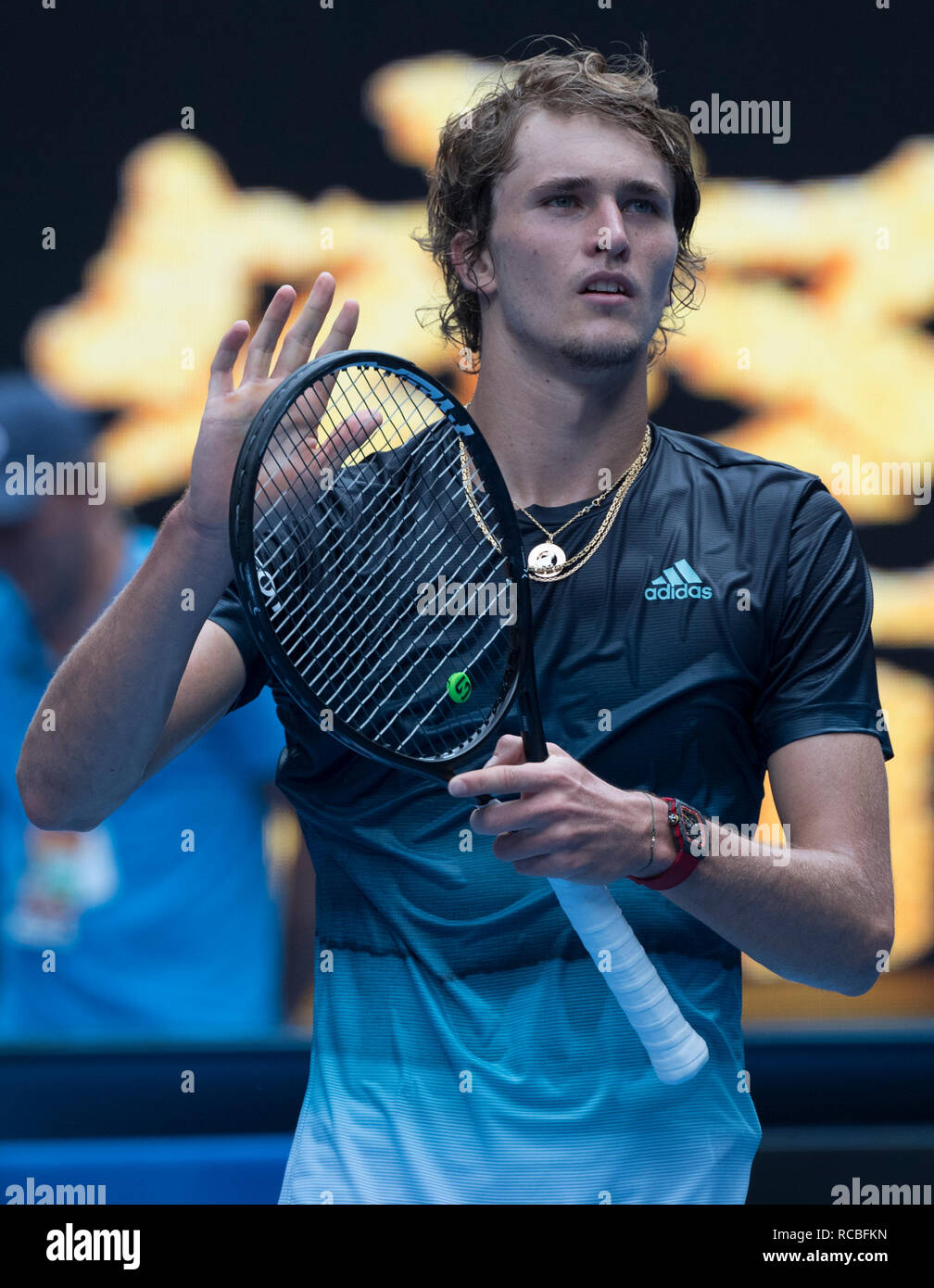 Melbourne, Australien. 15 Jan, 2019. (SP) Australien - Melbourne - Tennis 2019 AUSTRALIAN OPEN - TAG 2 Alexander Zverev von Deutschland feiert während der ersten Runde der Männer gegen Aljaz Bedene Sloweniens an den 2019 Australian Open in Melbourne, Australien, Jan. 15, 2019. Credit: Lui Siu Wai/Xinhua/Alamy leben Nachrichten Stockfoto