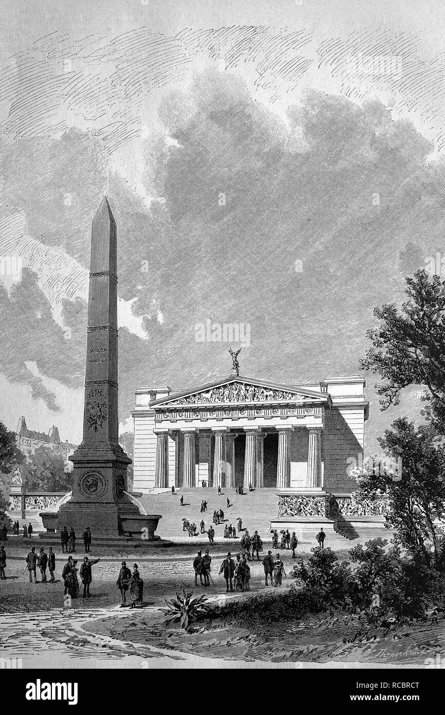 Tempel des Pergamus mit Obelisken, Kunst-Ausstellung in Berlin, Deutschland, historische Holz Gravur, 1886 Stockfoto