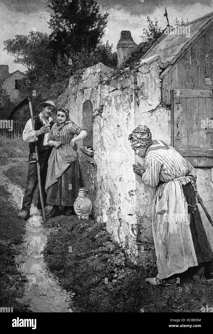 Ältere Frau belauscht ein paar historische Holz Gravur, 1886 Stockfoto