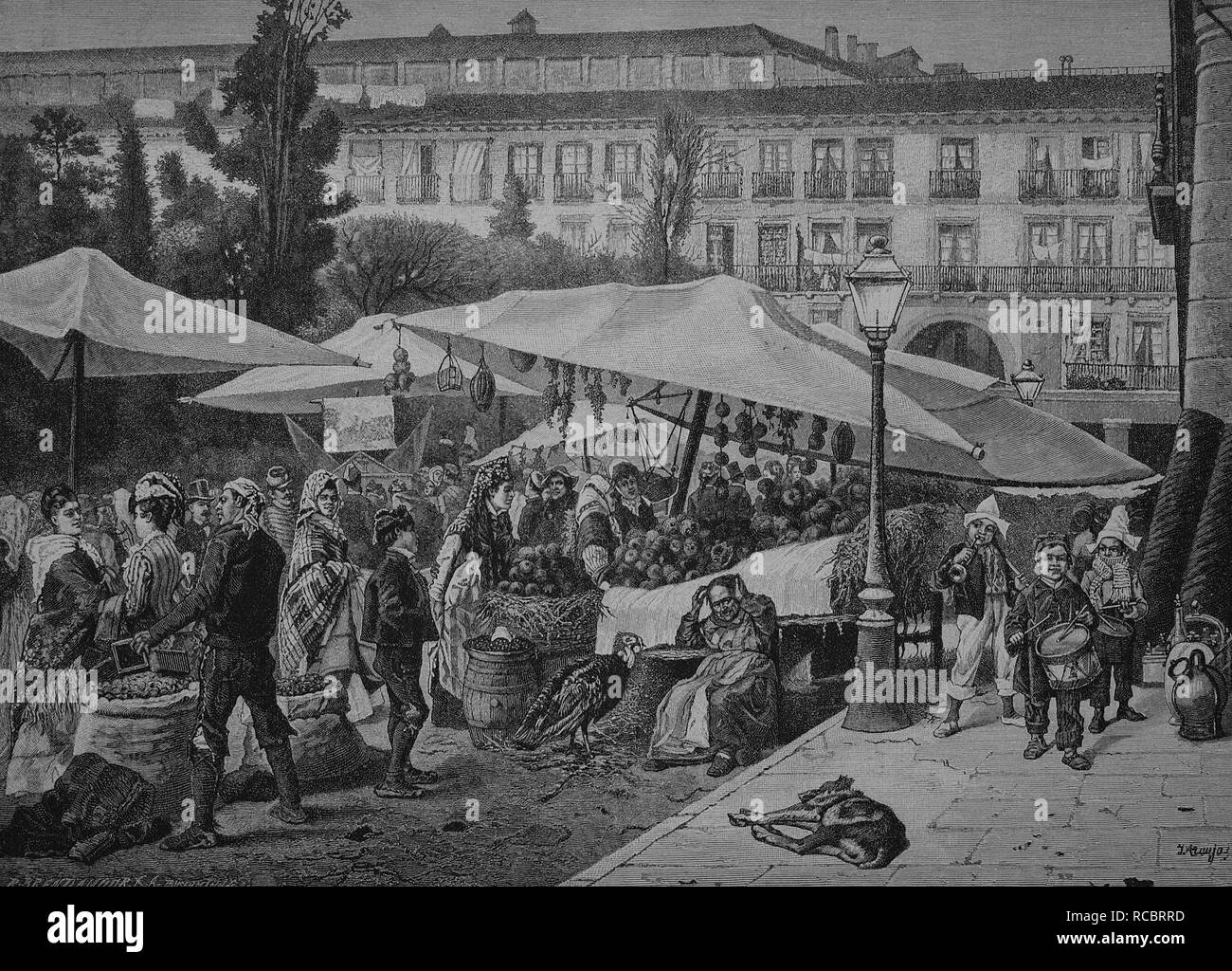 Weihnachtsmarkt in Plaza Major in Madrid, Spanien, historische Gravuren, 1883 Stockfoto