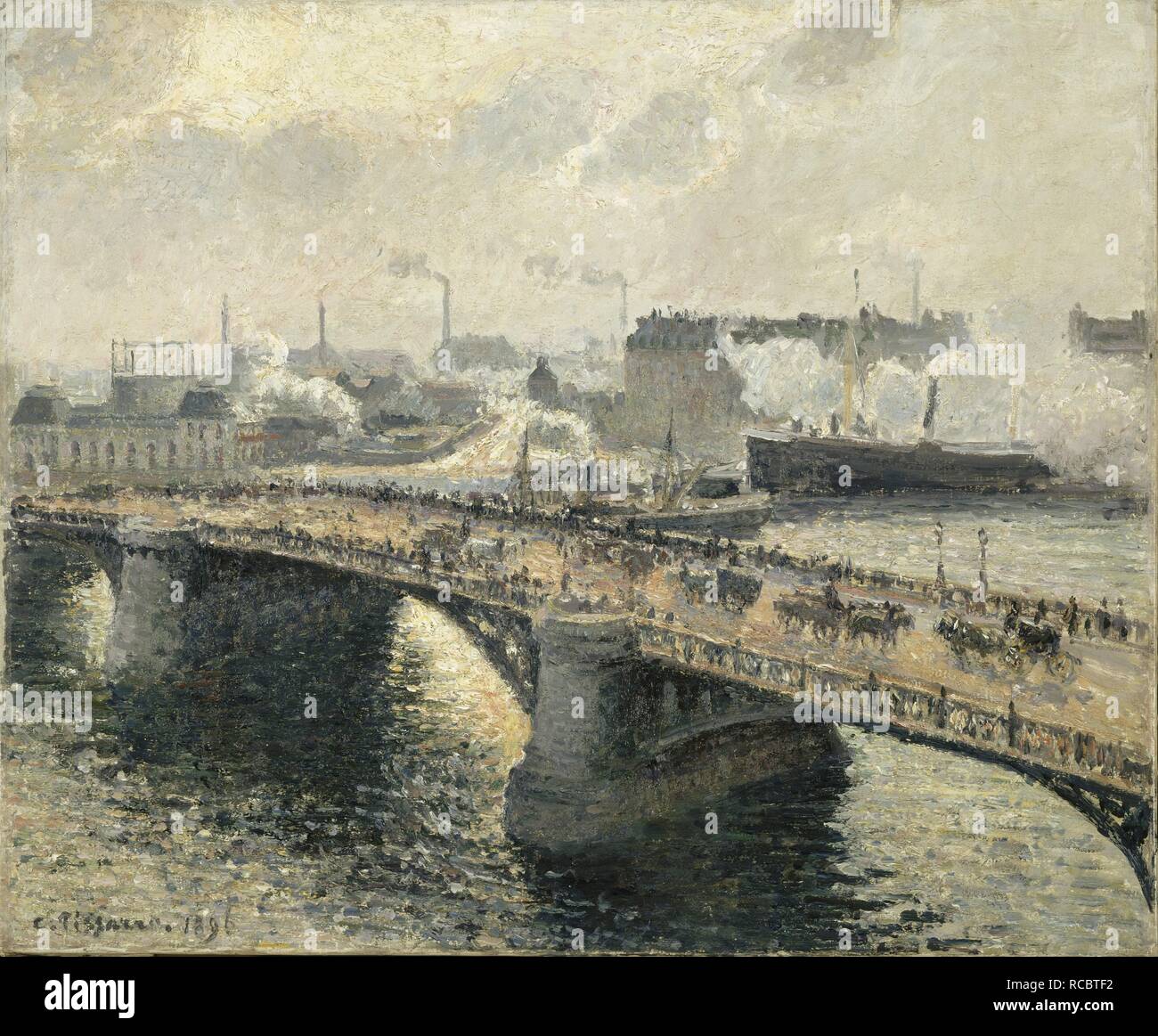 Pont Boieldieu in Rouen, Sonnenuntergang, nebligen Wetter. Museum: Musée des Beaux-Arts, Rouen. Autor: PISSARRO, Camille. Stockfoto