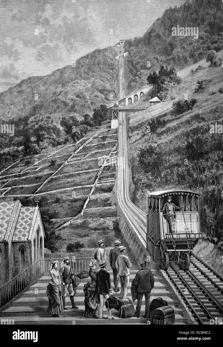 Zahnstange-undzahntrieb Bahnstrecke Montreux-Sion, Schweiz, historische Gravieren von 1883 Stockfoto