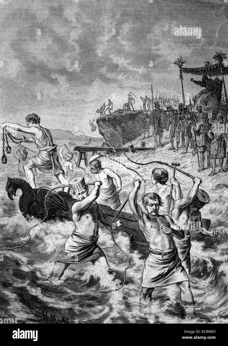 Xerxes, das Meer einen Schlagsahne nach dem Bau einer Brücke in die Dardanellen fehlgeschlagen, 519 BC - 465 BC, Xerxes war Stockfoto