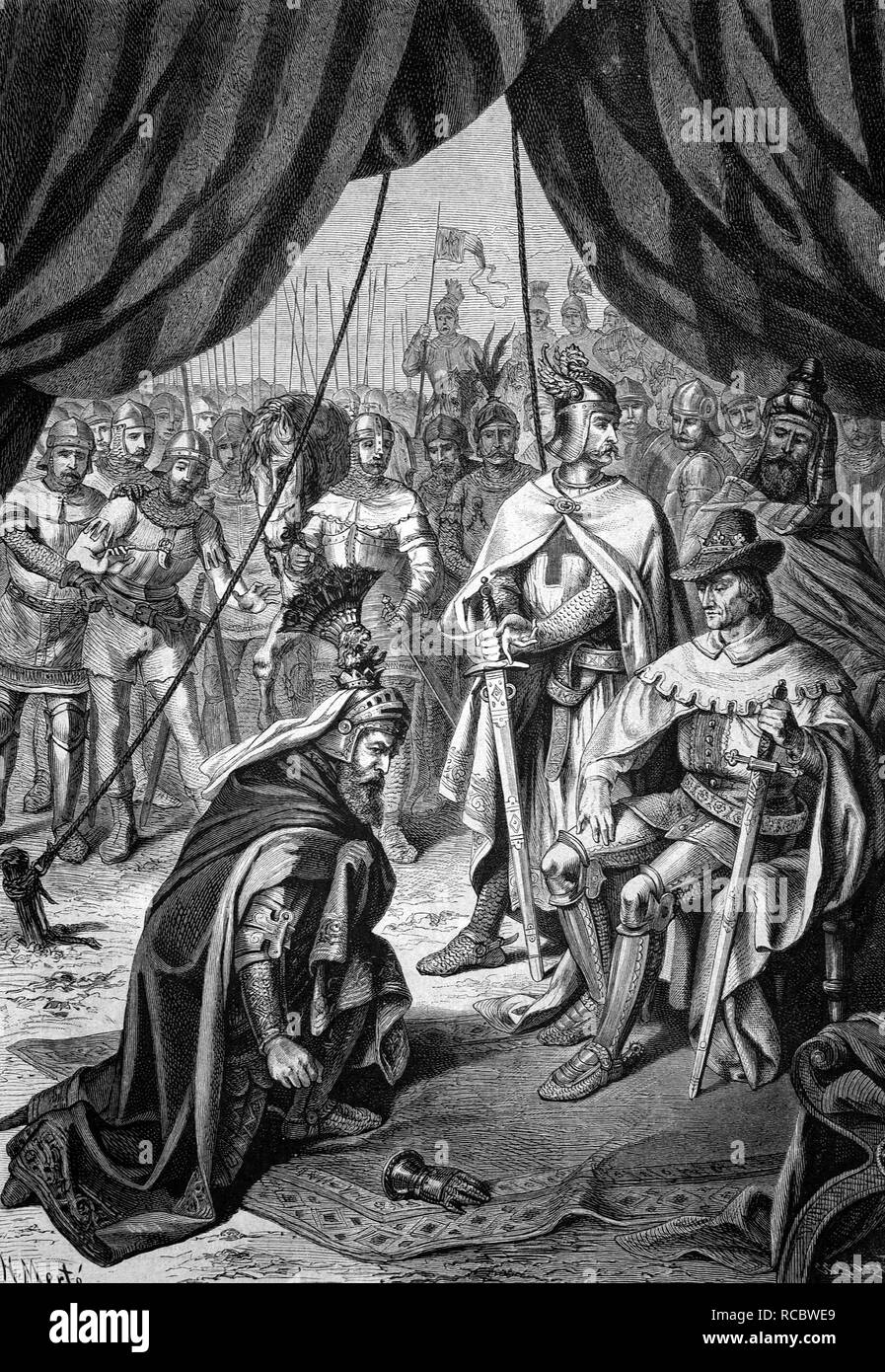 König Ottokar von Böhmen, bückte, um den Kaiser Rudolf von Habsburg und Ottokar Premysl, auch bekannt als Premysl Ottokar, Stockfoto