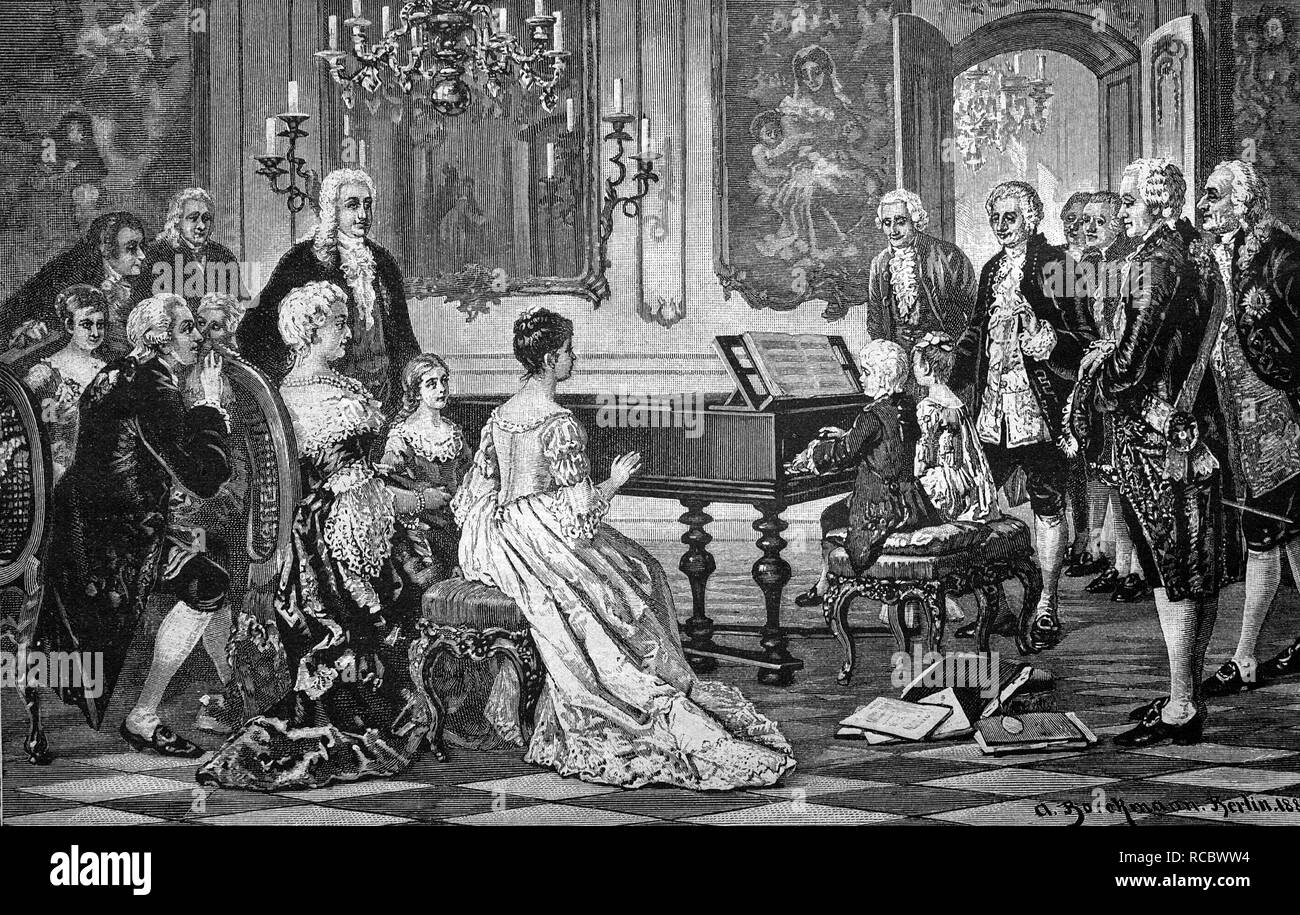 Mozart und seine Schwester vor der Kaiserin Maria Theresia, historischen spielen Gravur, 1888 Stockfoto Mozart und seine Schwester vor der Kaiserin Maria Theresia, historischen spielen Gravur, 1888 Stockfoto