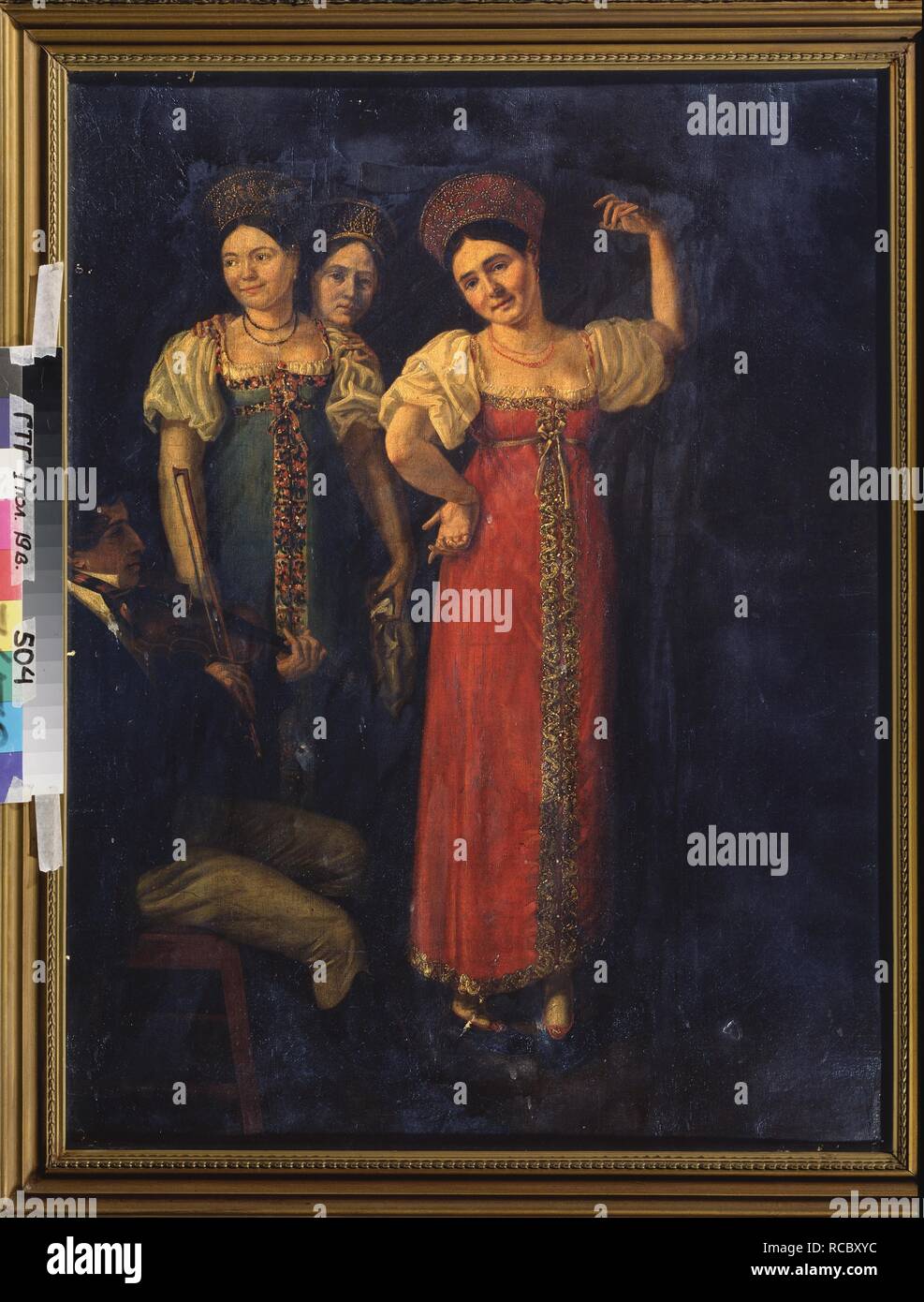 Tanz. Drei Frauen und ein geiger. Museum: Staatliche Tretjakow-Galerie, Moskau. Thema: russische Meister. Stockfoto