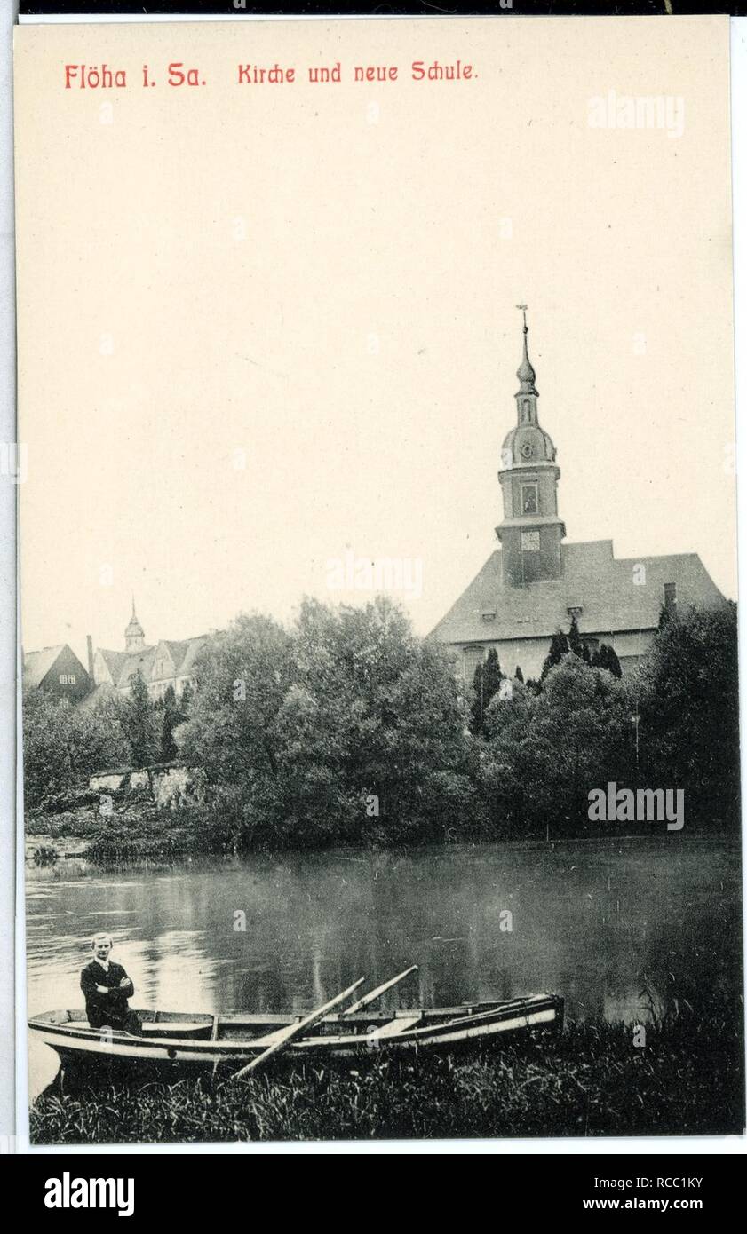 11261 - Flöha-1910-Kirche und neue Schule - Stockfoto