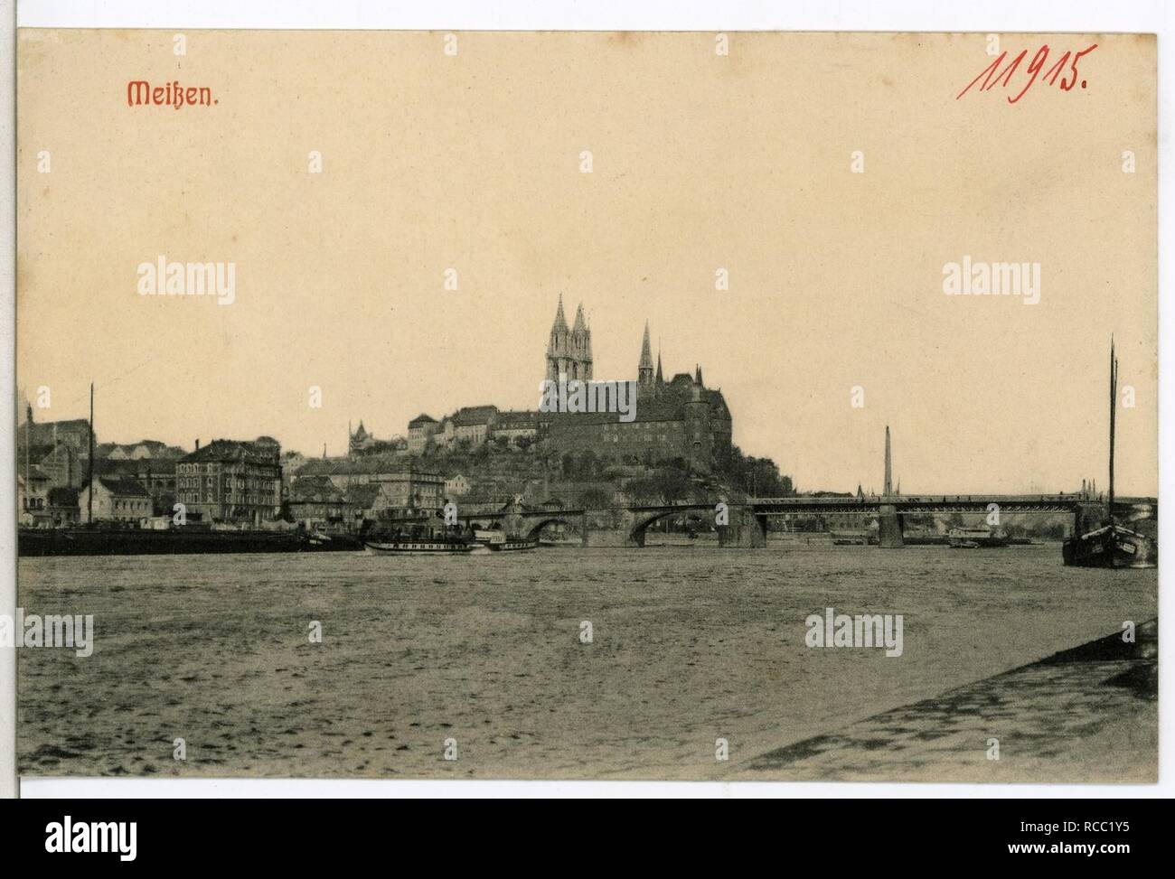 11915 - Meißen-1910 - Blick über die Elbe in Meißen mit Burgberg - Stockfoto