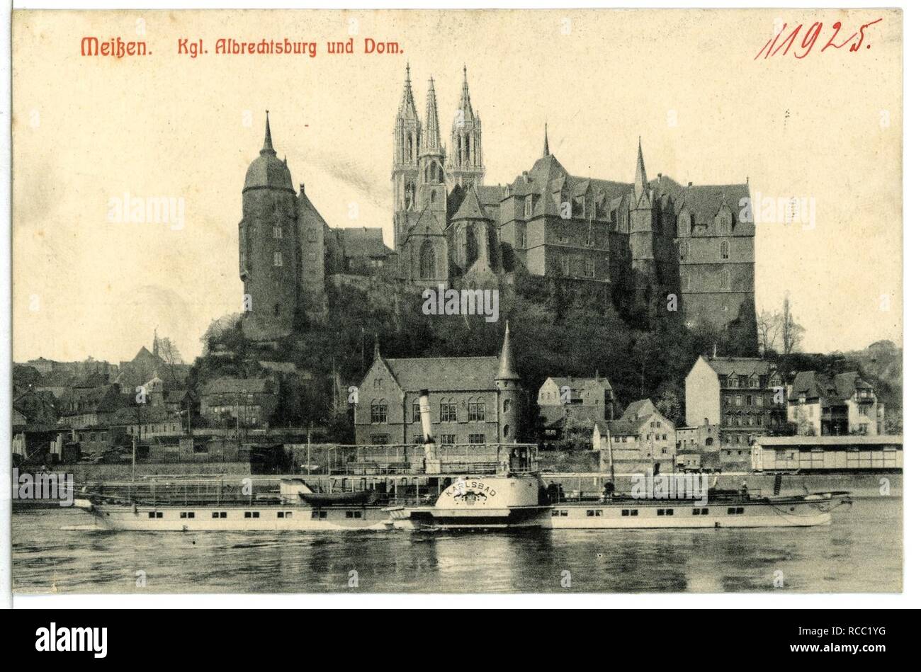 11925 - Meißen - Albrechtsburg und Dom-1910-Elbe mit Dampfer Karlsbad - Stockfoto