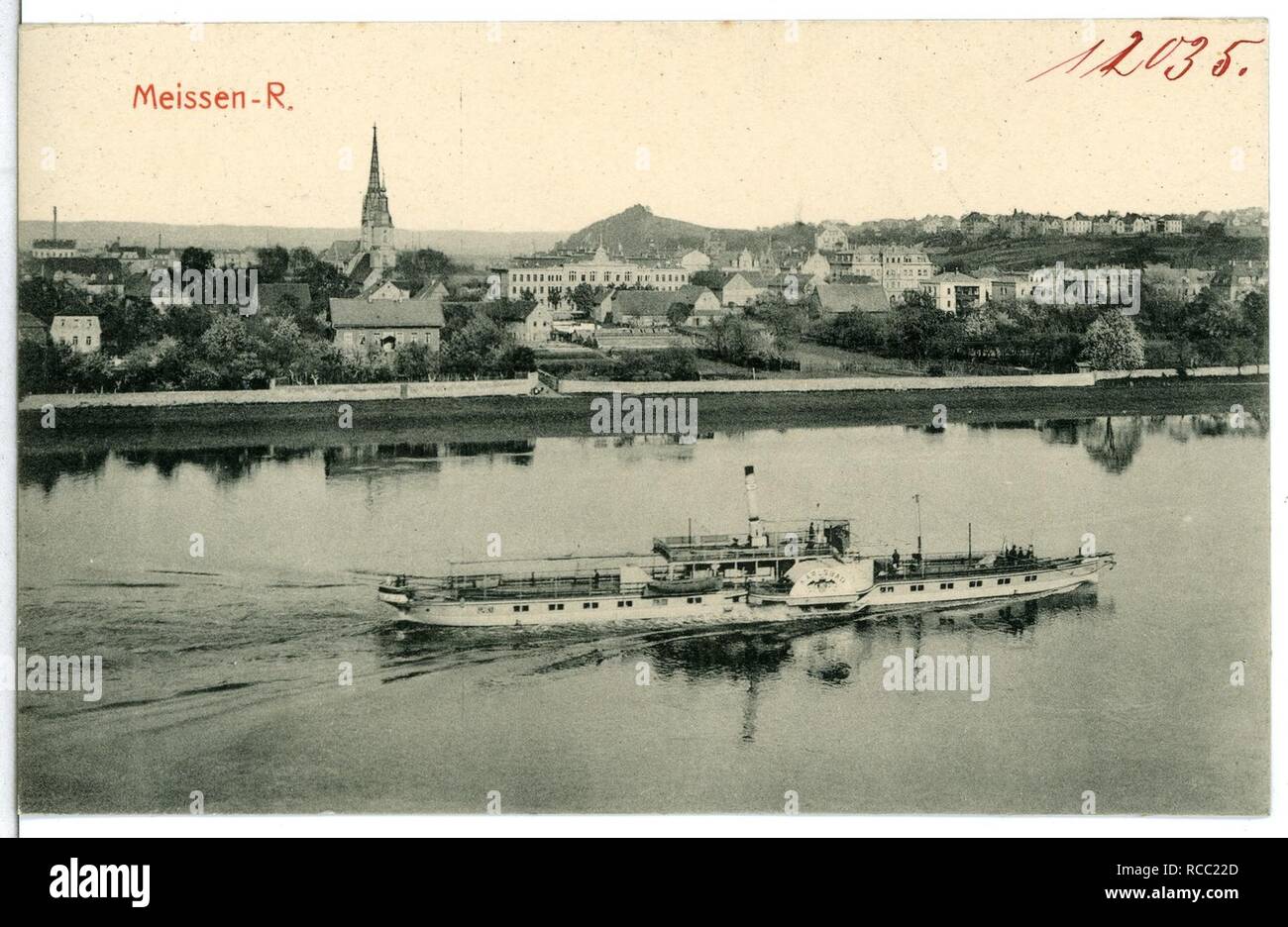 12035 - Meißen-1910-Cölln mit Elbe und Dampfer Karlsbad - Stockfoto