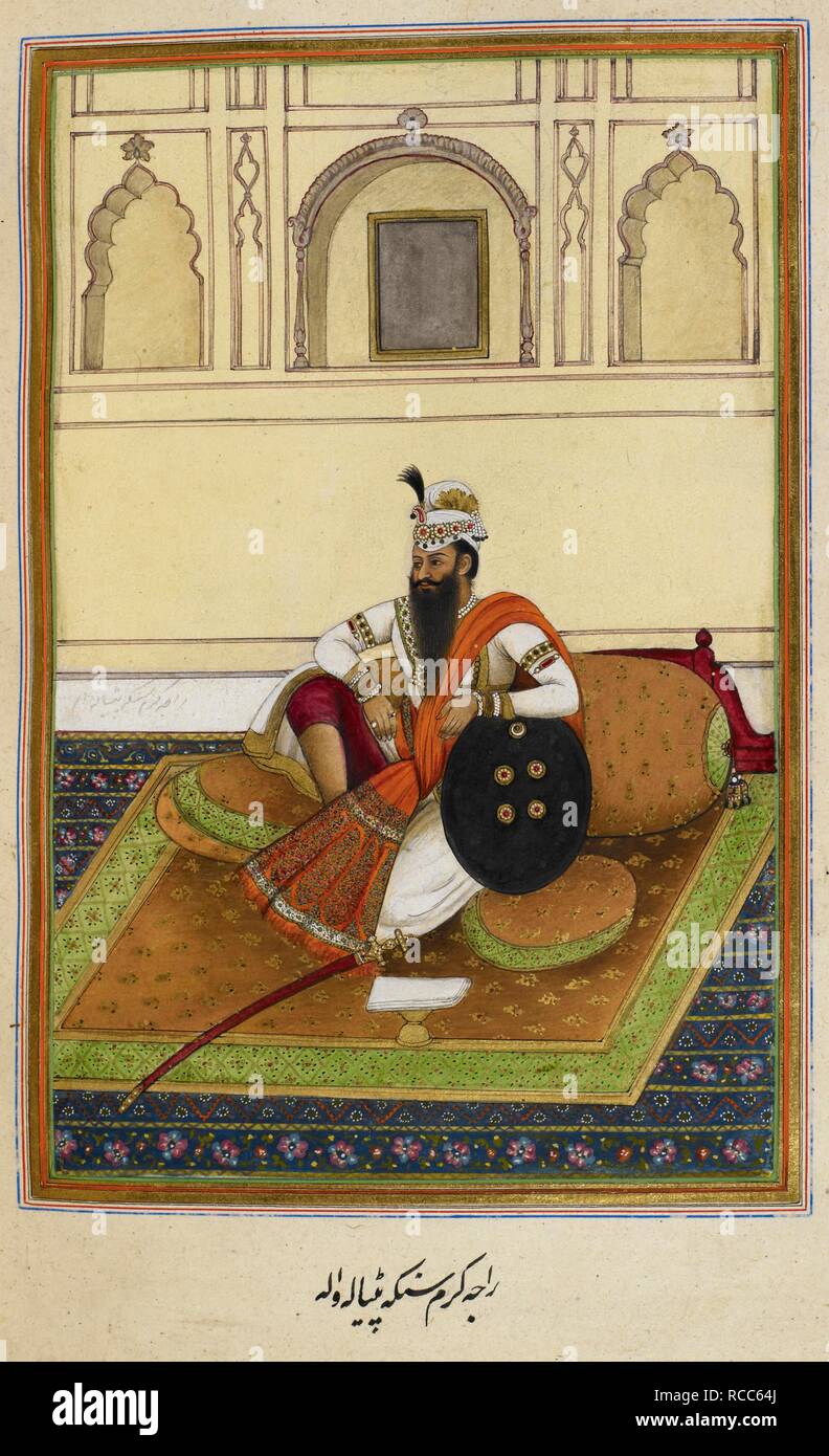 Portrait von Maharaja Karam Singh von Patiala (r. 1813-1848). Tazkirat al-umara, geschrieben für Oberst James Skinner. Historische Hinweise zu einigen fürstlichen Familien von Rajasthan und der Panjab, vor allem von denen in der Nähe von Gurgaon, wo Oberst Skinner stationiert war. 38 Porträts. Indien, 1830. Quelle: Hinzufügen. 27254, f.197 v. Sprache: Persisch. Autor: Anon. Stockfoto