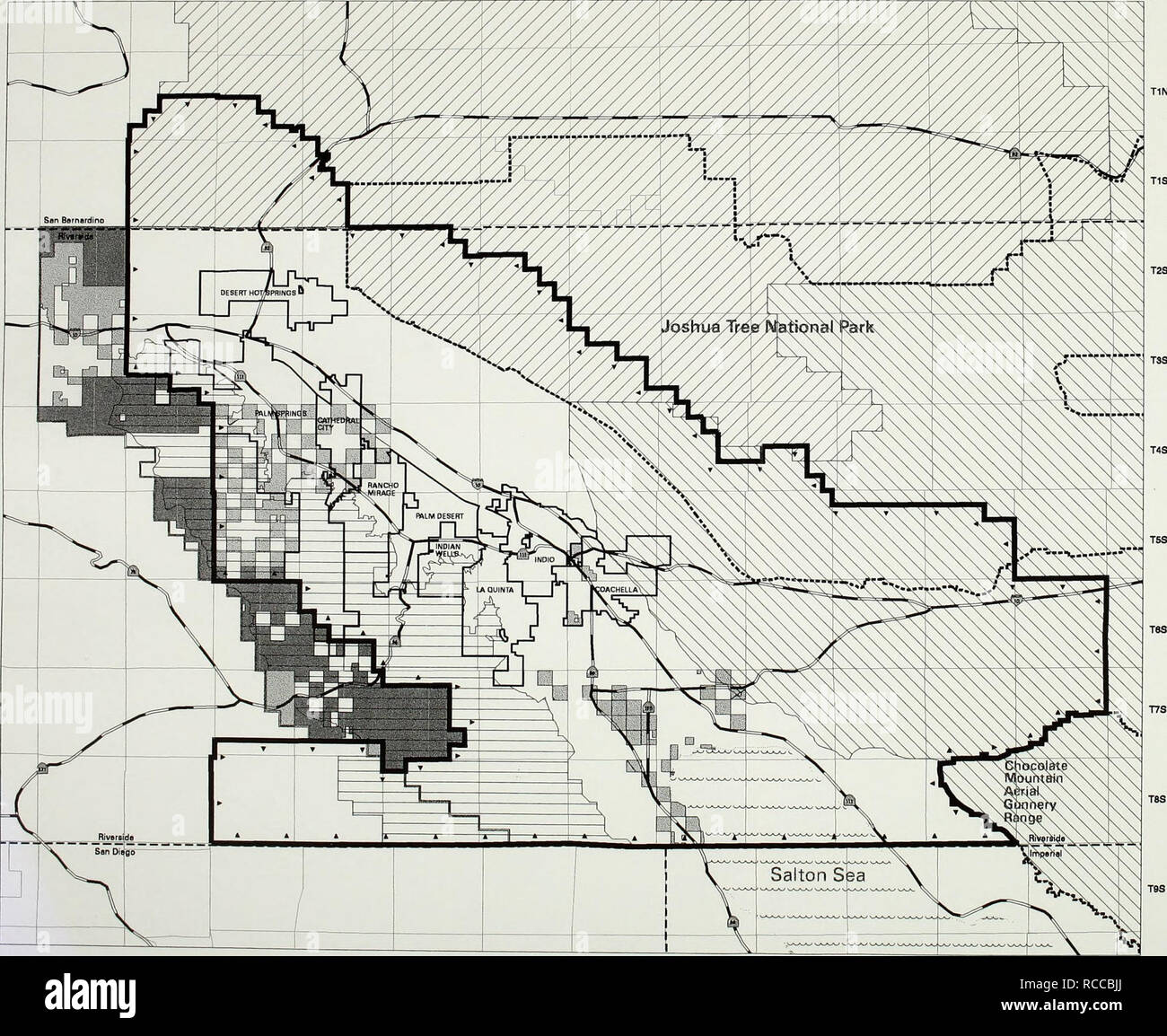 . Entwurf Kalifornien Desert Conservation Area Plan Änderung für die Coachella Valley, Entwurf von Santa Rosa und San Jacinto Berge schleppt Management Plan und Entwurf einer Umweltverträglichkeitserklärung.. Desert Conservation; Erhaltung natürlicher Ressourcen; Erhaltung natürlicher Ressourcen; Wüste ökologie; Umweltschutz. T1S. R3E MIR Abbildung 1-2 Coachella Valley Planung Bereich Legende fJ nördlichen und östlichen Colorado Wüste koordiniertes Management Plan j West Mojave Plan Santa Rosa und San Jacinto Mountains National Monument Stammes- Länder USFS landet Kalifornien Desert Conservation Area Plan ein Stockfoto