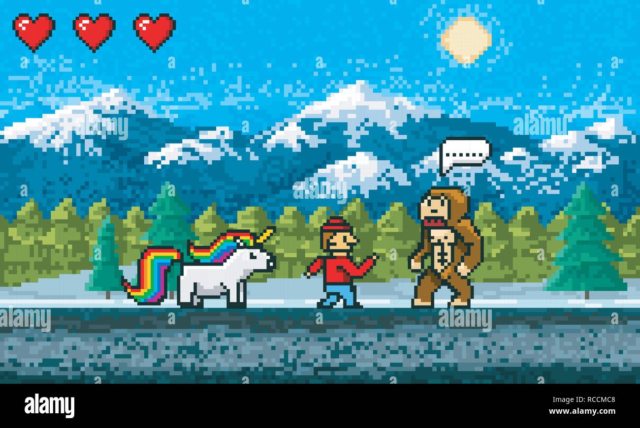 Spiel Szene. Pixel-art 8 bit Hintergrund. Video Interface. Retro Lage. Berge, Rainbow Pony, Affe und Charakter. Vintage Computer video Arkaden. Vector Illustration. Stock Vektor