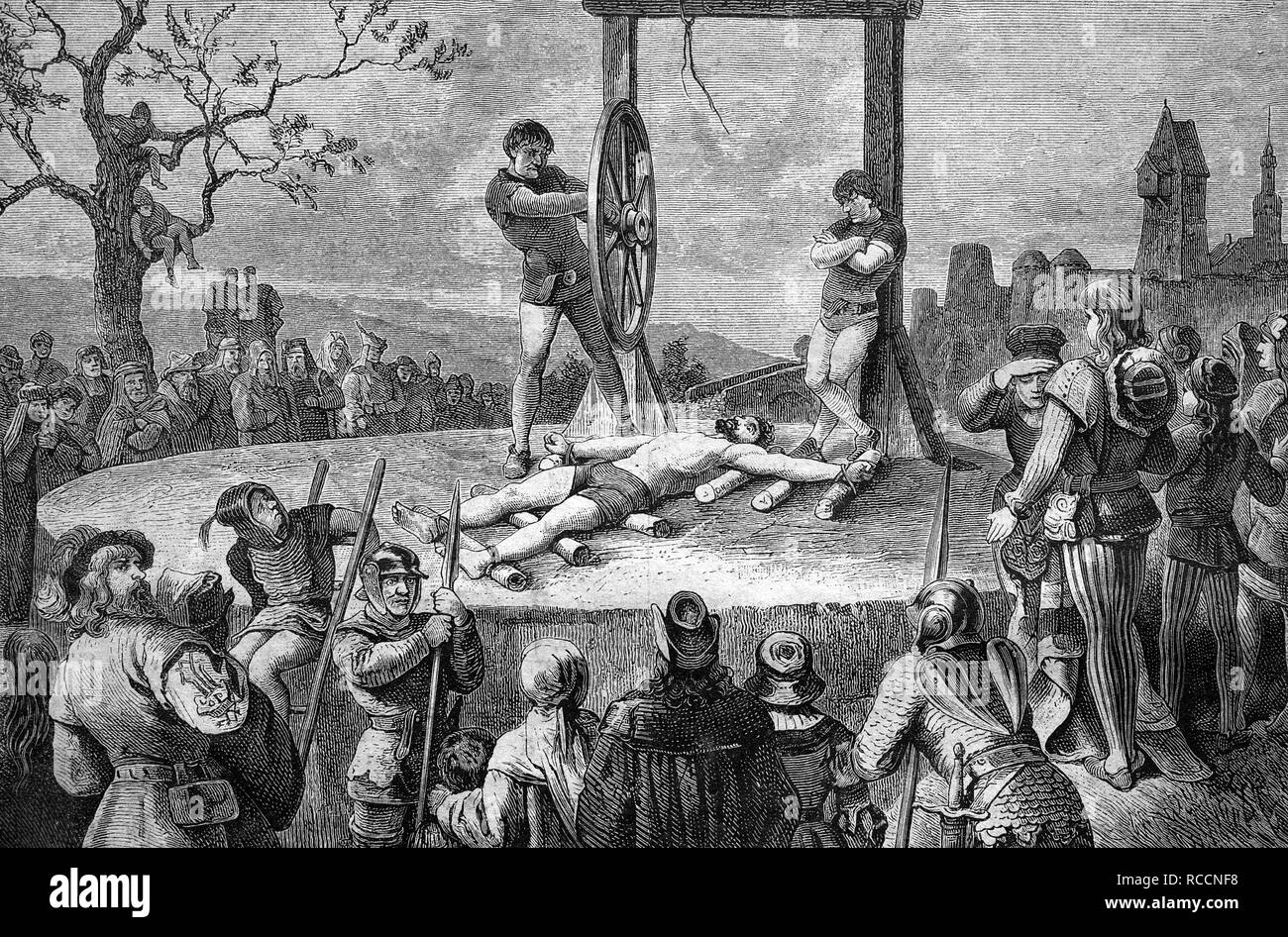 Todesstrafe durch das Rad, historische Abbildung, Holzschnitt, ca. 1888 Stockfoto