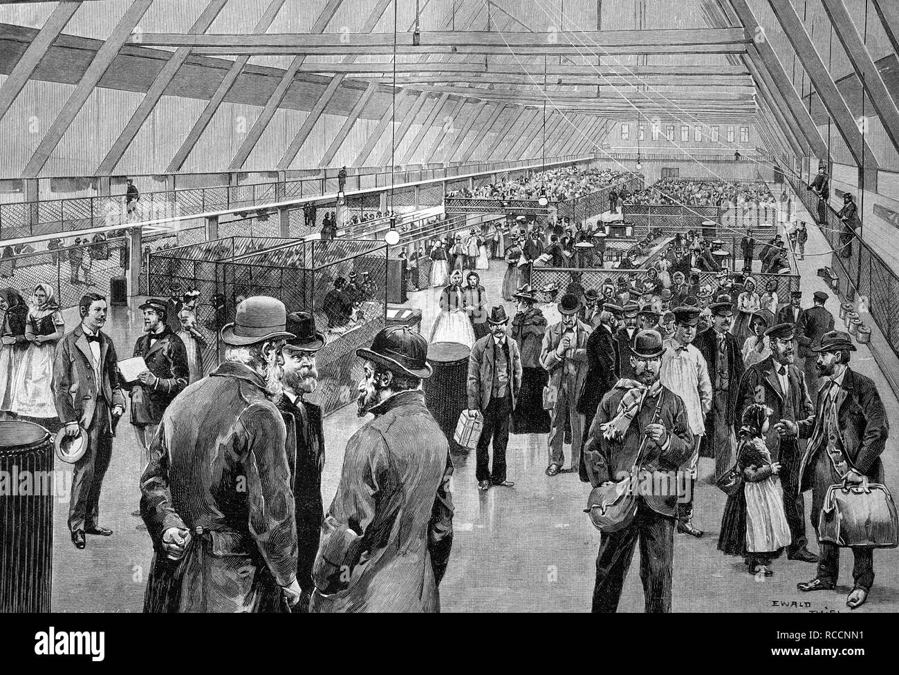 Große Halle, Ellis Island Immigration Station, USA, historische Holzstich ca. 1897 Stockfoto