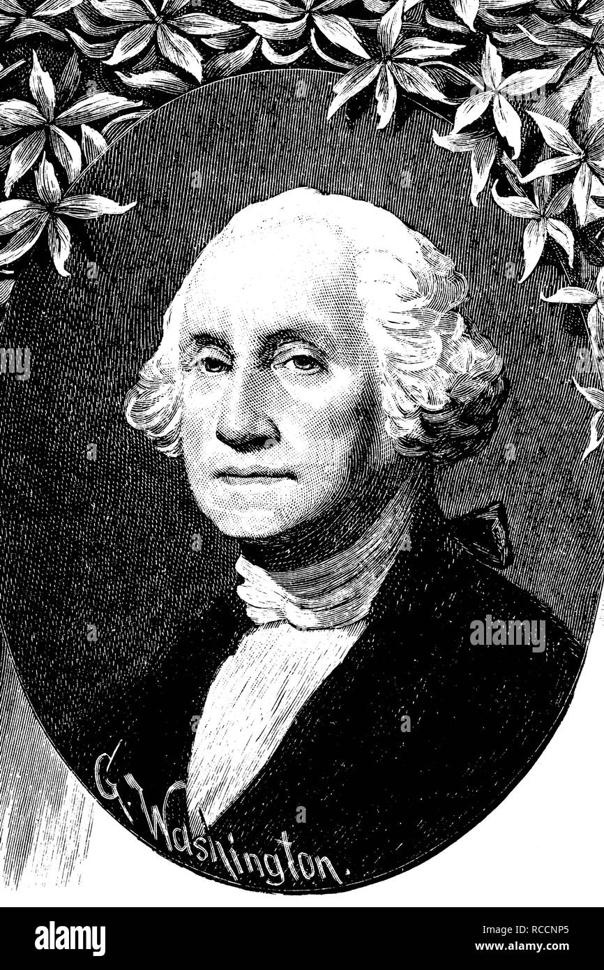 George Washington, 1732 - 1799, erster Präsident der Vereinigten Staaten von Amerika von 1789 bis 1797, historische Holzstich Stockfoto