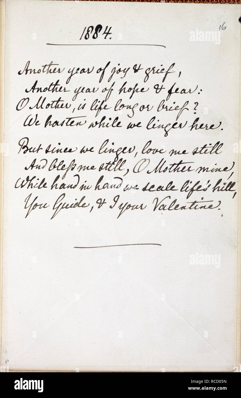 Gedicht von Christina Rossetti. Elf Valentines von Christina Rossetti. England [London]; 1884. [Ganze folio] Autogramm fair Kopie von einem kurzen Gedicht, von Christina Rossetti zu ihrer Mutter, die als Valentine am 14. Februar 1884. Es ist auch ein trauriges remembrancer der Ereignisse von 1883-1884 Bild aus elf Valentines von Christina Rossetti. Ursprünglich veröffentlicht in England [London] produziert; 1884. . Quelle: Ashley 1376, f, 16. Sprache: Englisch. Stockfoto