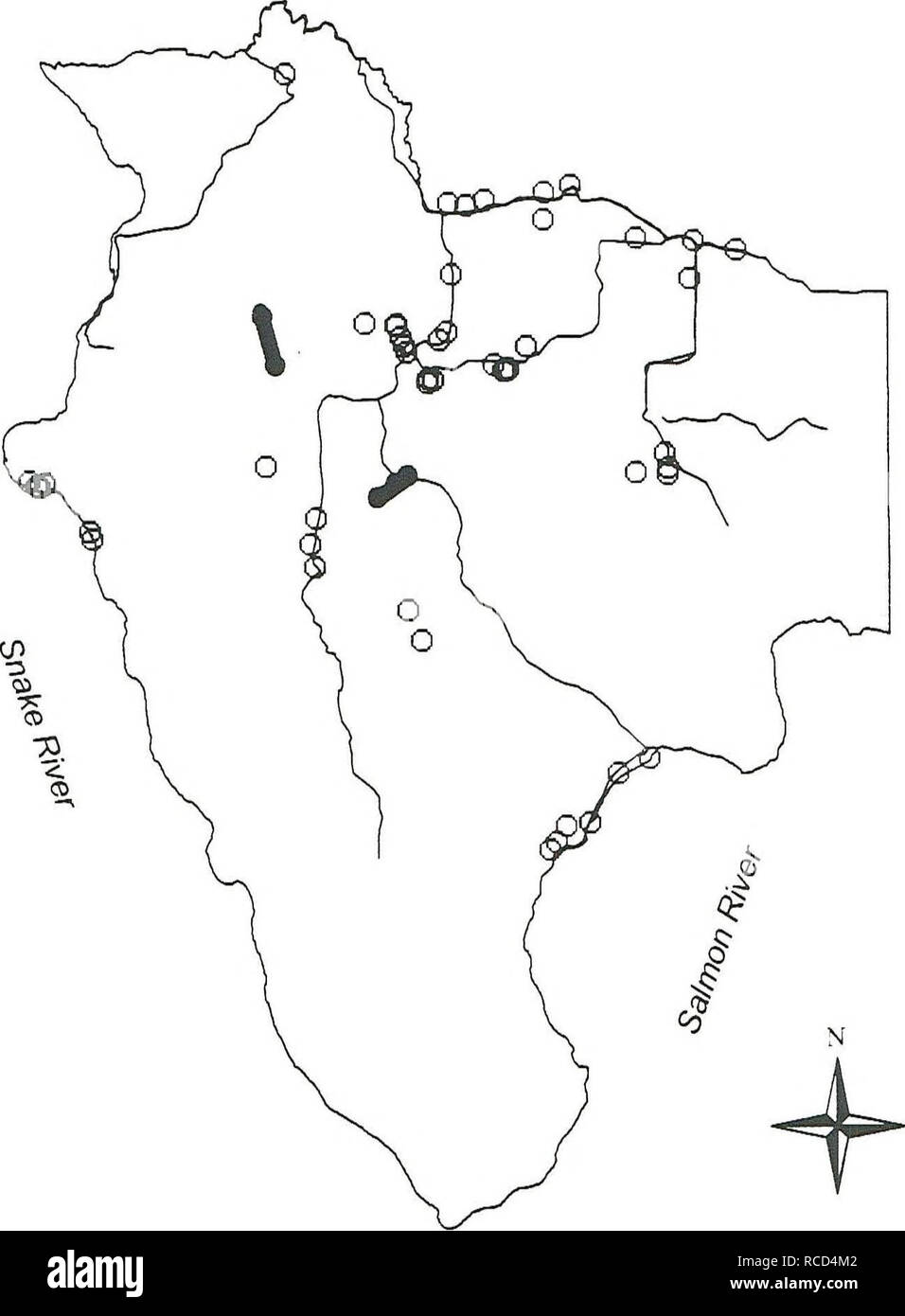 . Verteilung, Reichtum, und Lebensraum Verbände von Amphibien und Reptilien auf Craig Berg, Idaho. Amphibien und Reptilien. Tailed frog Ascaphus truei. O Teiche % Tailed frog Beobachtungen/y Straßen 0 2 4 6 8 10 Km 0 2 4 6 8 10 Kilometer Abbildung 7. Tailed frog dot-Karte (Befragungen und zufälligen Beobachtungen). Bitte beachten Sie, dass diese Bilder sind von der gescannten Seite Bilder, die digital für die Lesbarkeit verbessert haben mögen - Färbung und Aussehen dieser Abbildungen können nicht perfekt dem Original ähneln. extrahiert. Llewellyn, Robin L; Peterson, Charles R., 1. Stockfoto