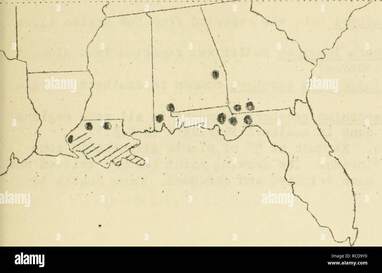. Krankheiten aus Baumwolle, Zuckerrohr, Wald, Bäume, Zierpflanzen und verschiedene Pflanzen in den Vereinigten Staaten im Jahre 1919. Fibre Pflanzen Krankheiten und Schädlinge United States; Zucker Pflanzen Krankheiten und Schädlinge United States; Bäume Krankheiten und Schädlinge United States; Pflanzen, Zierpflanzen Krankheiten und Schädlinge in den Vereinigten Staaten. Rot Rot und roten Streifen verursacht ly Golletot: richuni faloaturo 28 G. Rot Rot und roten Streifen wurden aus Georgia, Florida, Alatama, Louisiana und Texas berichtet. In Louisiana die Krankheit weit verbreitet war. In atundant Alatama es war. Grube.. 5*^. Zeigt die Lage der Gebiete, die von rot rot im südlichen Zuckerrohr. Stockfoto