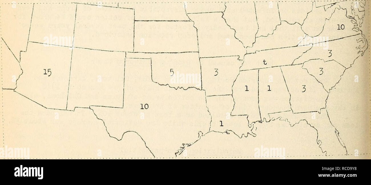 . Krankheiten aus Baumwolle, Zuckerrohr, Wald, Bäume, Zierpflanzen und verschiedene Pflanzen in den Vereinigten Staaten im Jahre 1919. Fibre Pflanzen Krankheiten und Schädlinge United States; Zucker Pflanzen Krankheiten und Schädlinge United States; Bäume Krankheiten und Schädlinge United States; Pflanzen, Zierpflanzen Krankheiten und Schädlinge in den Vereinigten Staaten. Abb. 47""^^^^^^^ vorhanden bekannte iieoj raphical Verteilung der Qzonium omnivo-rum auf Baumwolle nach Aufzeichnungen über die Pflanzenschutzmittel Krankheit Umfrage.. Abb. 4^. Geschätzte prozentuale Reduzierung der Ertrag aus allen anderen Erkrankungen als colletotrichum, willst, eckig Laib Spot und Root Knoten. Unter den Krankheiten conce Stockfoto