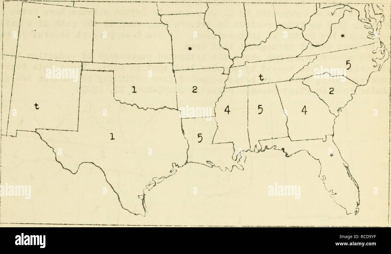 . Krankheiten aus Baumwolle, Zuckerrohr, Wald, Bäume, Zierpflanzen und verschiedene Pflanzen in den Vereinigten Staaten im Jahre 1919. Fibre Pflanzen Krankheiten und Schädlinge United States; Zucker Pflanzen Krankheiten und Schädlinge United States; Bäume Krankheiten und Schädlinge United States; Pflanzen, Zierpflanzen Krankheiten und Schädlinge in den Vereinigten Staaten. 278 Die beigefügte Karte zeigt den geschätzten Prozentsatz der Verringerung der Ertrag in den verschiedenen Mitgliedstaaten durch willst 1919 • Diese Daten verursacht wurden, zusammen mit entsprechenden Verlusten in Ballen von der geschätzten Erzeugung berechnet werden in Tabellenform in Pflanzenkrankheiten Bulletin Supplement 12, ich 92 O. gegeben. Abb. 44. Stockfoto