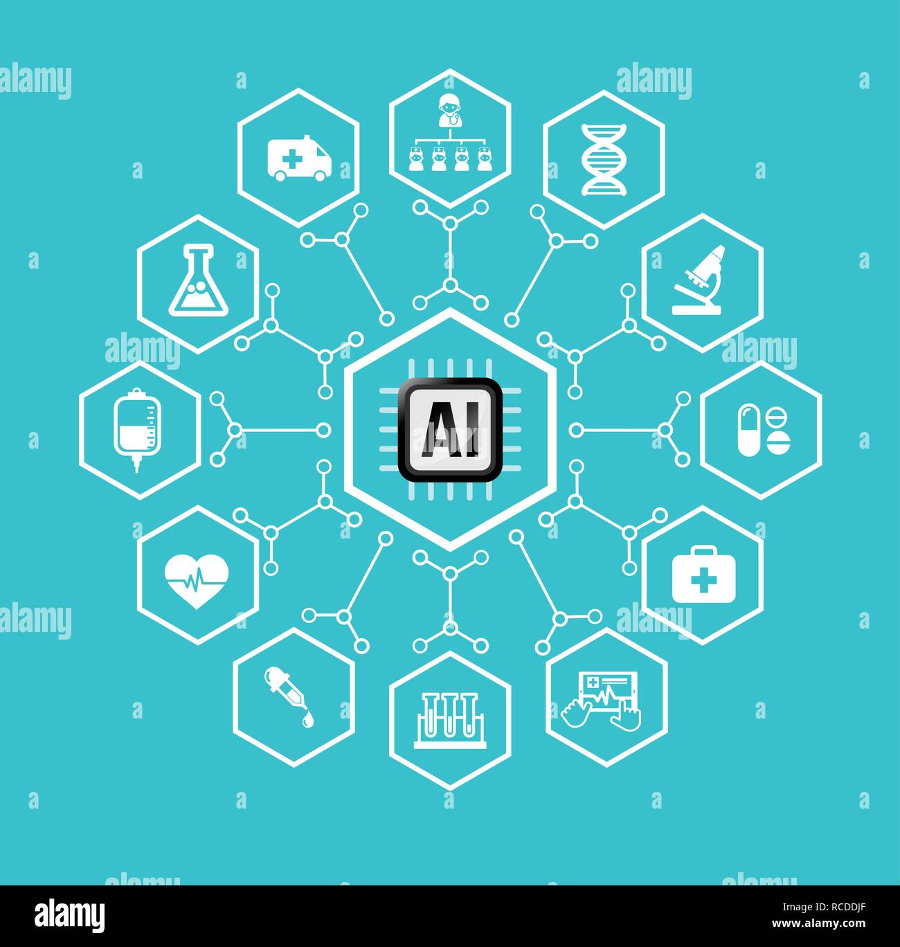 AI Künstliche Intelligenz Technologie für das Gesundheitswesen und die medizinische Konzept Symbol in Hexagon-form mit Anschluss Line Design element Vektor illustr eingestellt Stock Vektor