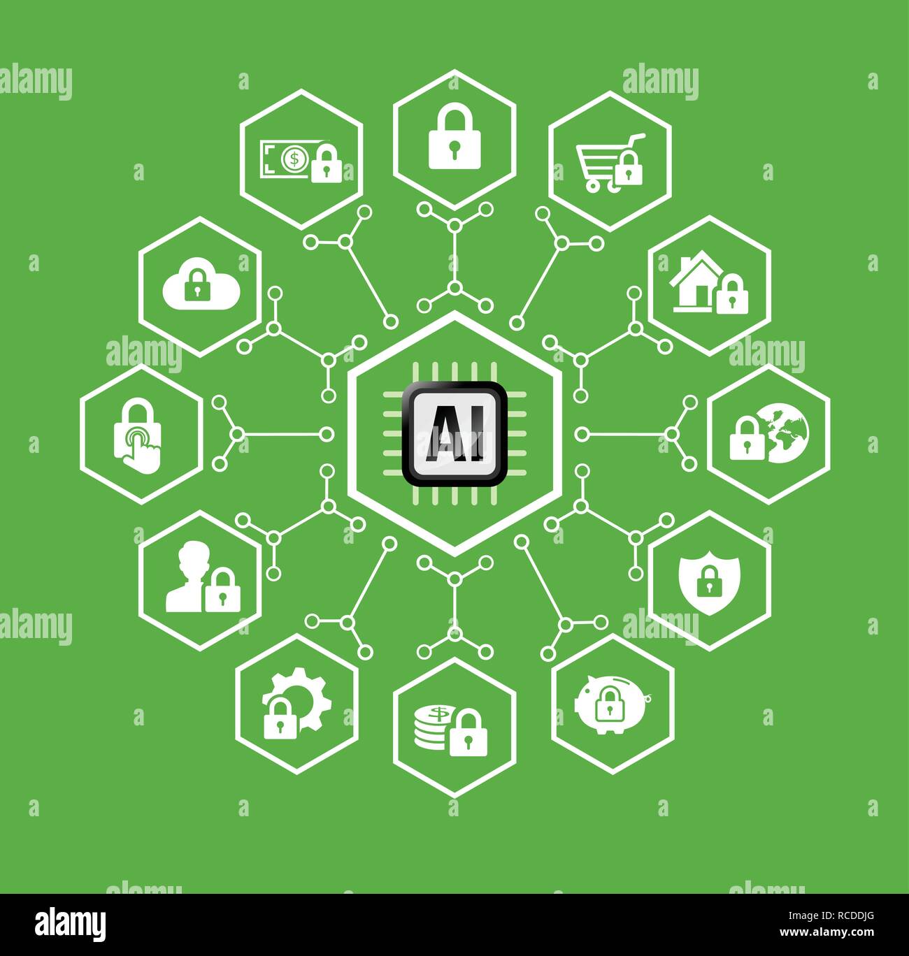 AI Künstliche Intelligenz Technologie für intelligente securiy und Schutz Symbol in Hexagon-form mit Anschluss Line Design element Vektor illustrati eingestellt Stock Vektor