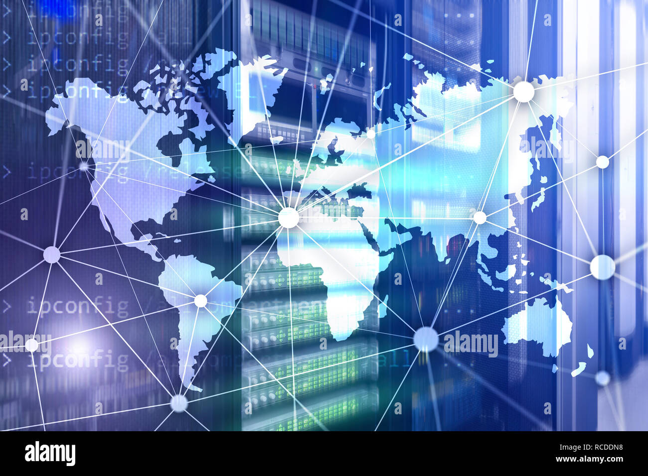Weltkarte mit Kommunikation Netzwerk auf dem Server zimmer Hintergrund. Stockfoto