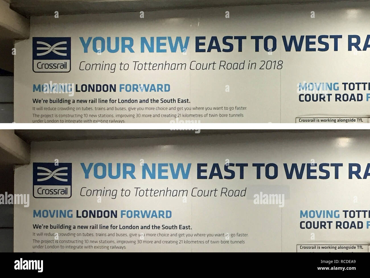 Undatierte Bilder vor (oben) und nach der Traverse signage in der Londoner U-Bahnstation Tottenham Court Road mit Verweisen auf Crossrail Eröffnung im Dezember 2018 oben bedeckt. Stockfoto