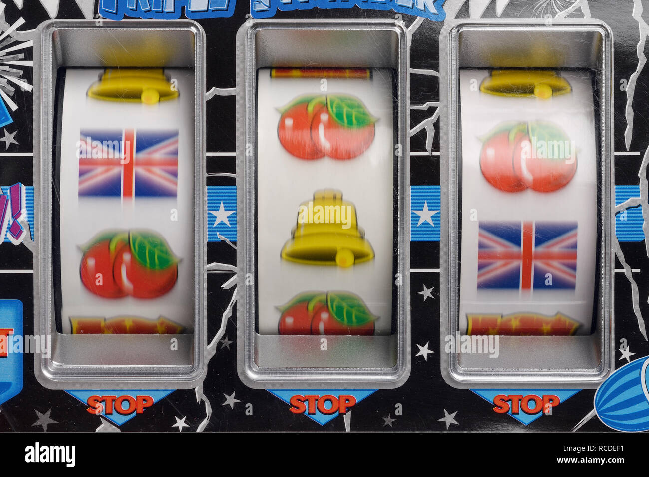 Nahaufnahme Detail einer Fruit Machine mit Union Jack Symbole Stockfoto