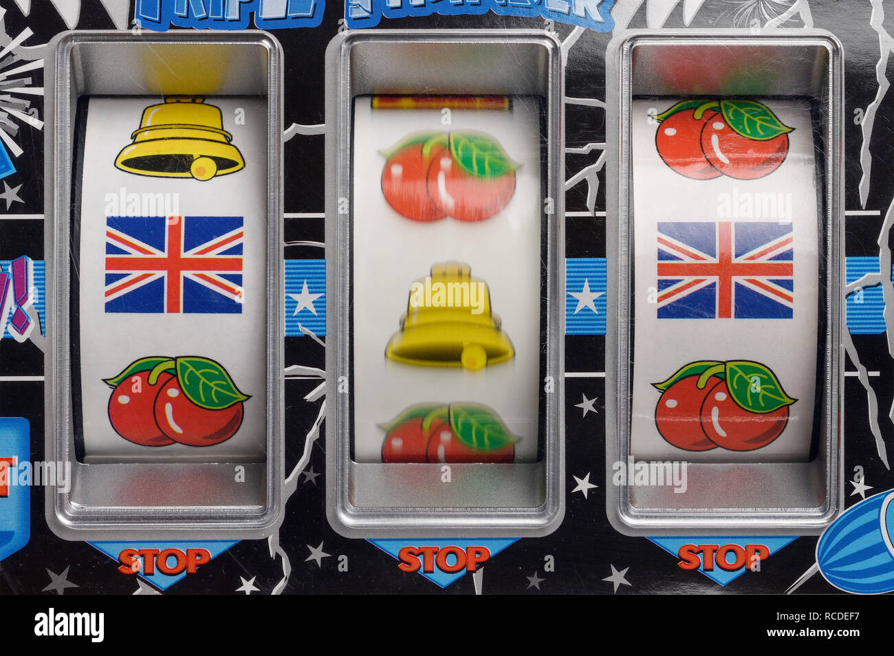 Nahaufnahme Detail einer Fruit Machine mit Union Jack Symbole Stockfoto