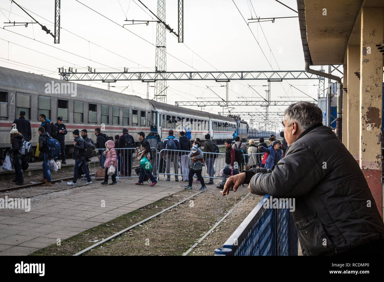 SID, Serbien - November 14, 2015: alte Mann an einer Gruppe von Flüchtlingen an Bord eines Zuges der Kroatien Serbien Grenze zu suchen, an der Sid Bahnhof Stockfoto